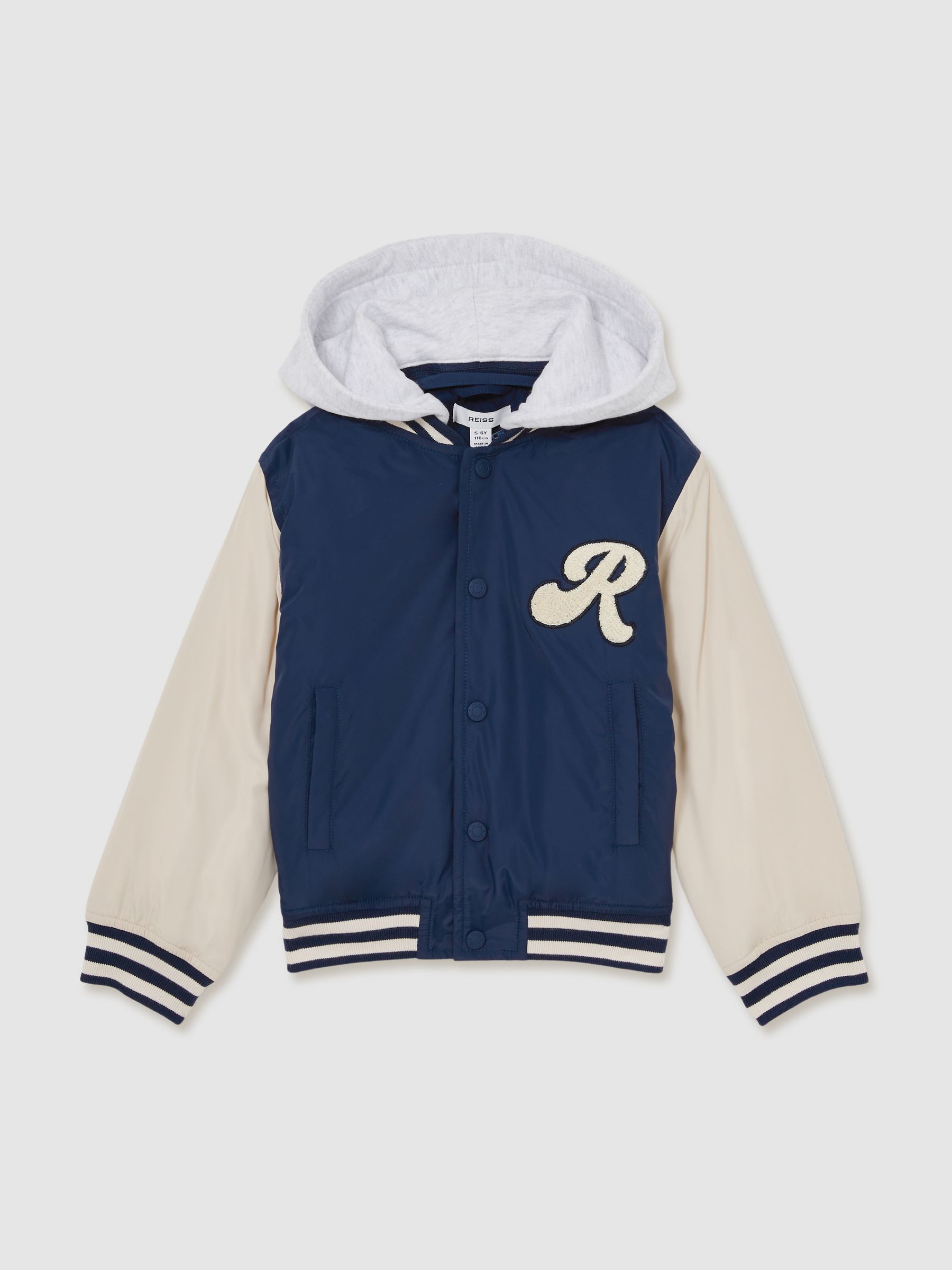 9-13 yrs Logo Patch Hooded Varsity Jacket in Airforce Blue/Off White