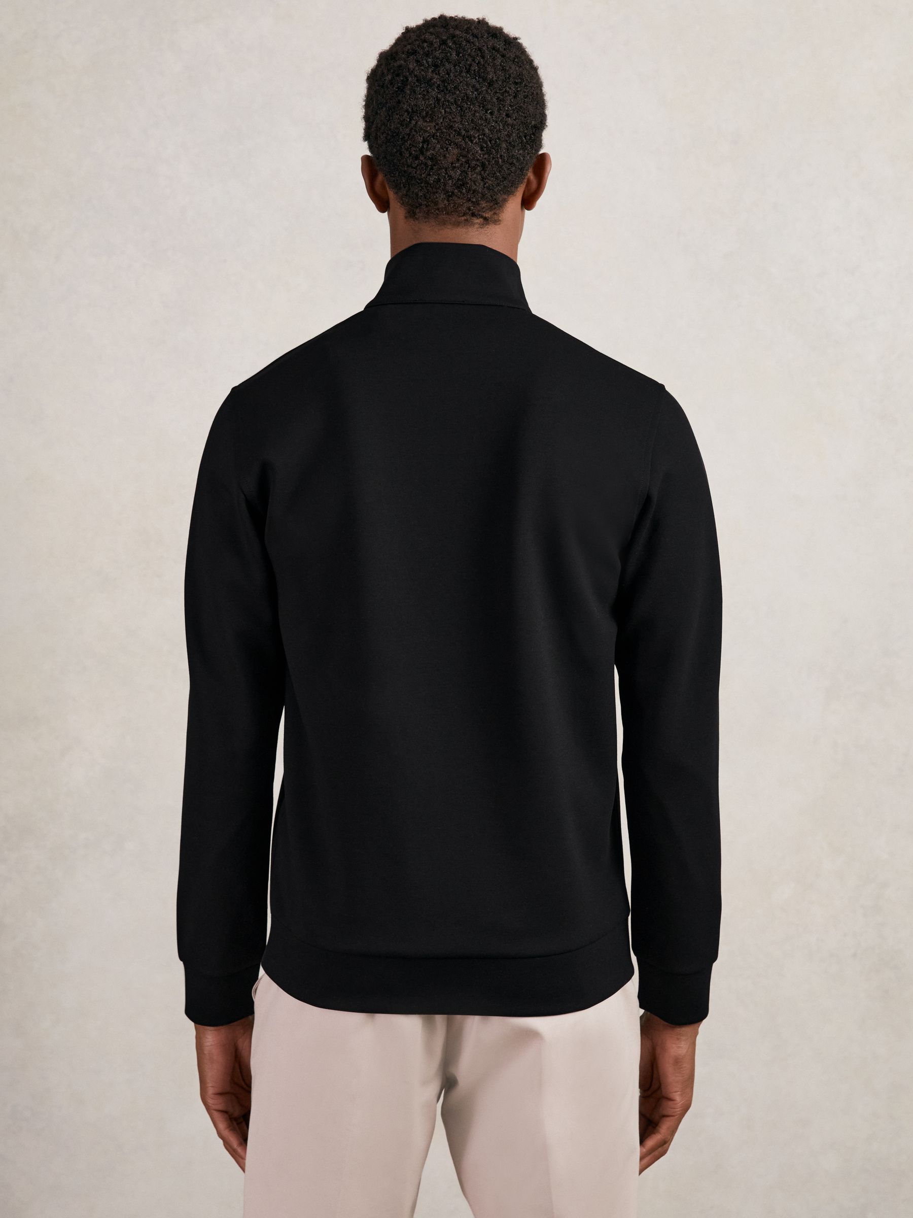 Leather-Placket Interlock Sweatshirt in Black