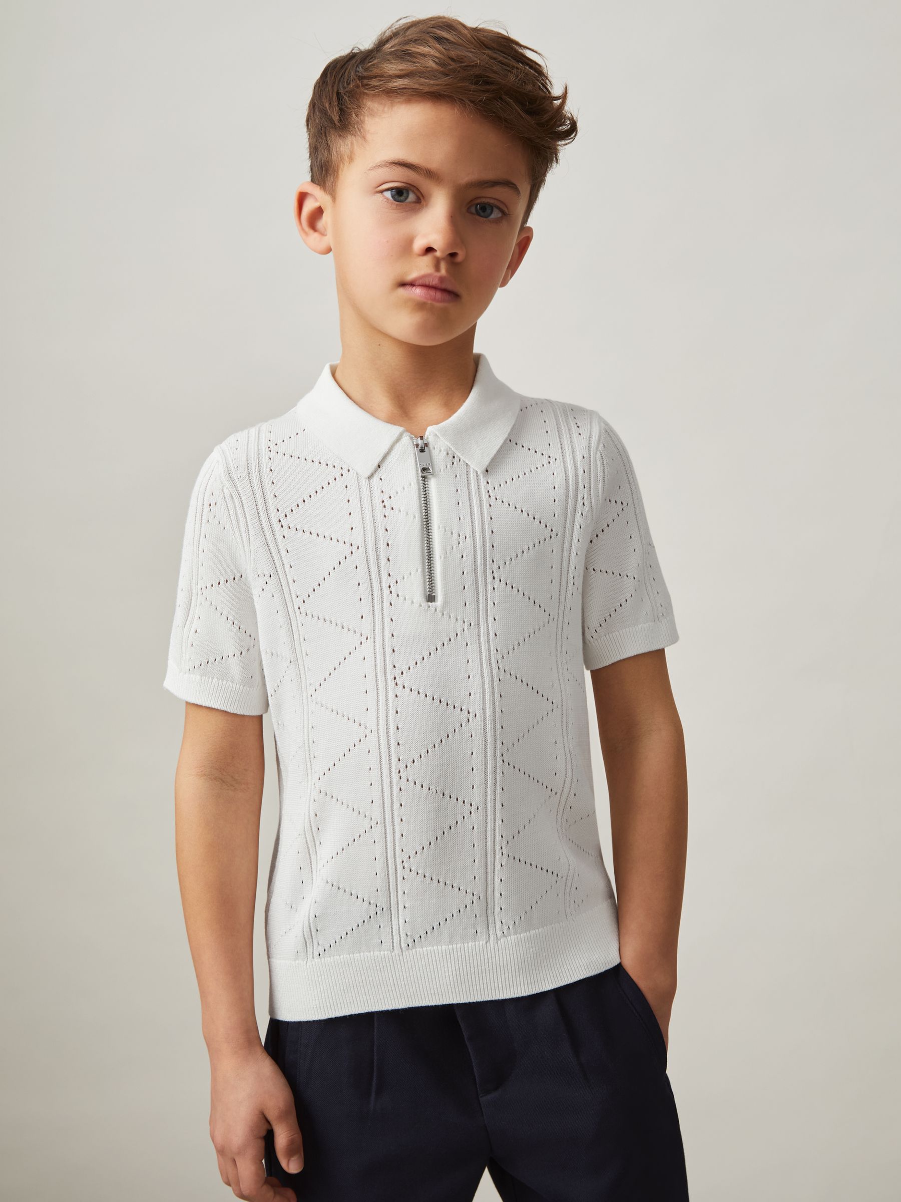 3-9 yrs Half-Zip Pointelle Polo Shirt in Off White