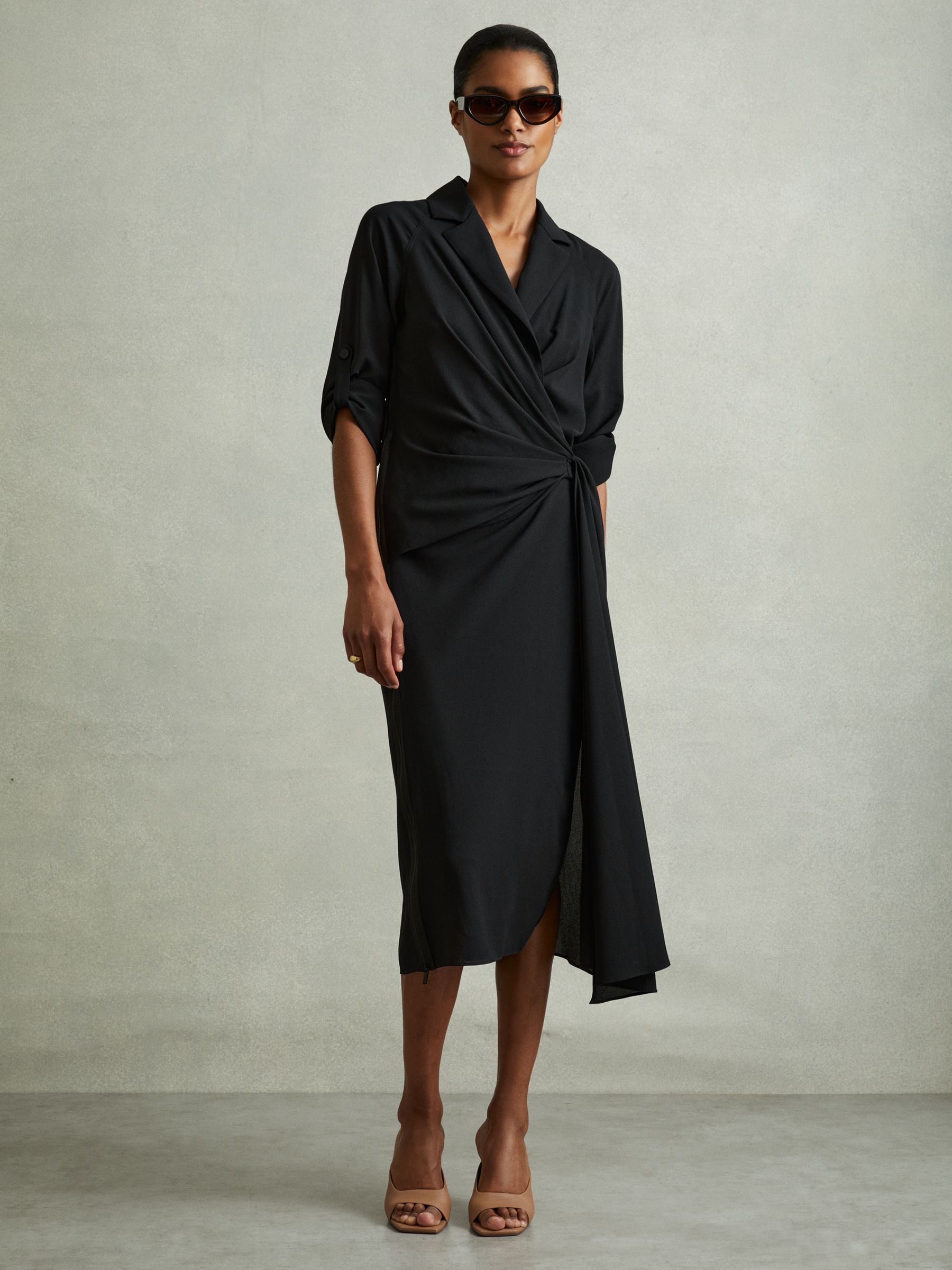 Wrap Front Twist Detail Midi Dress in Black
