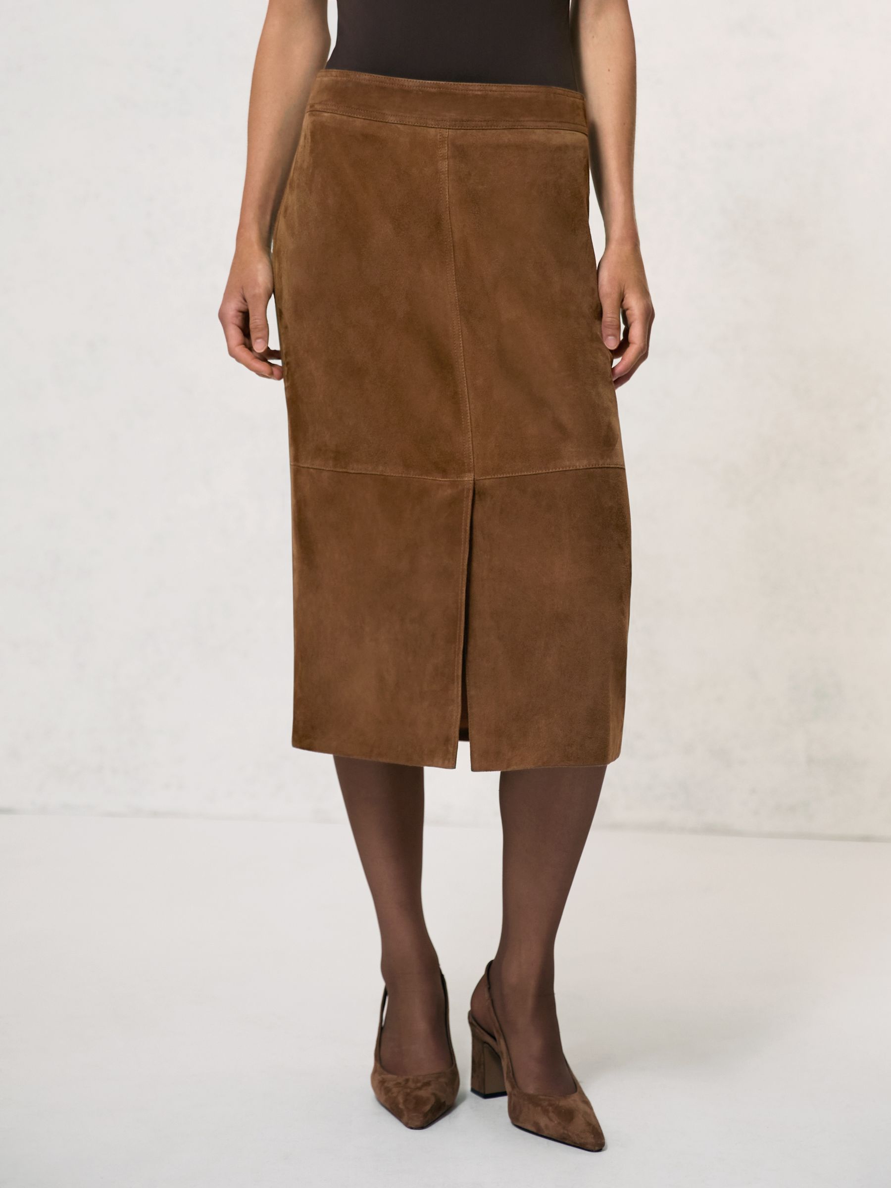 Suede Straight-Fit Midi Skirt in Tan Brown