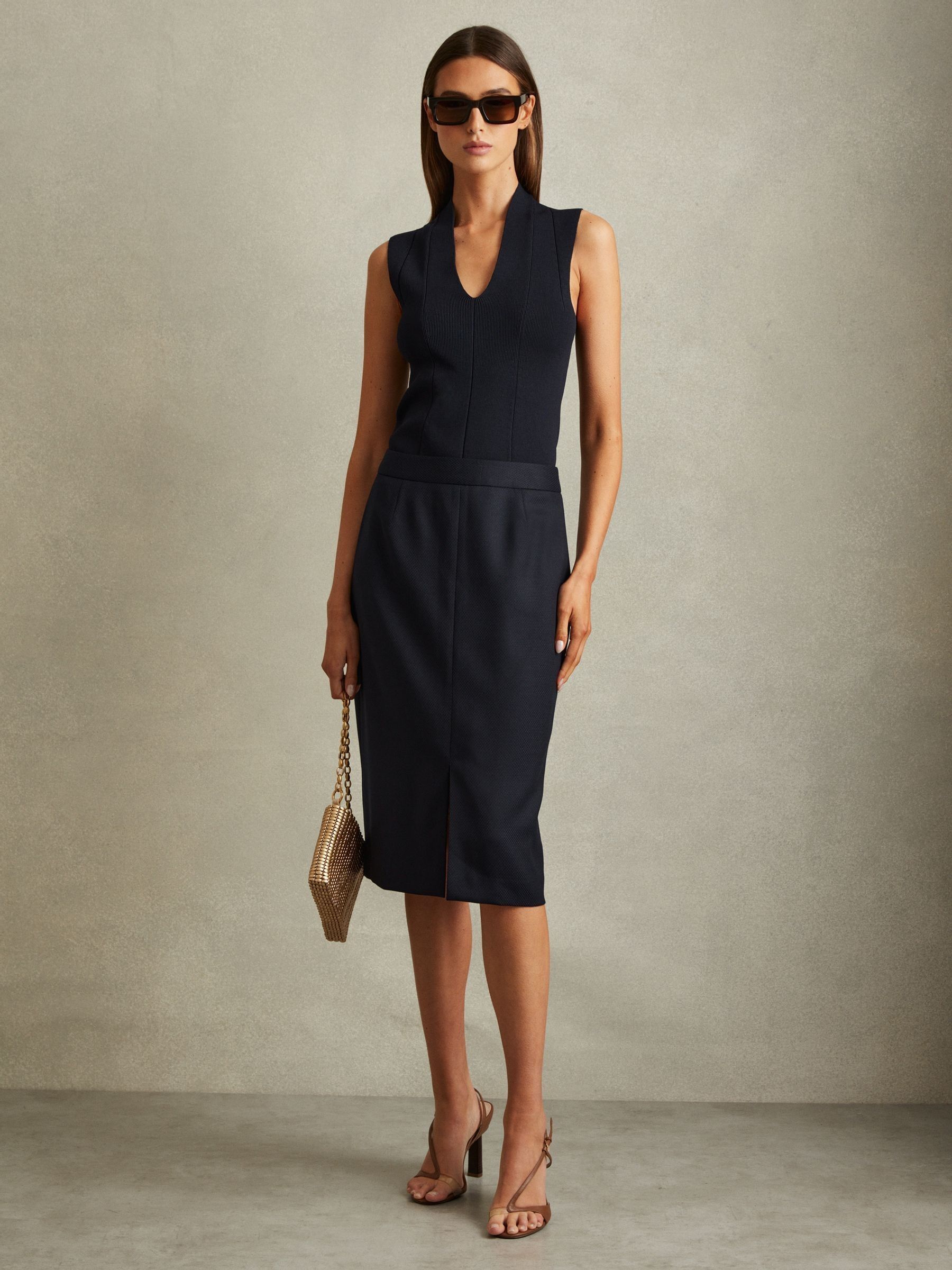 Petite Textured Pencil Midi Suit Skirt in Navy