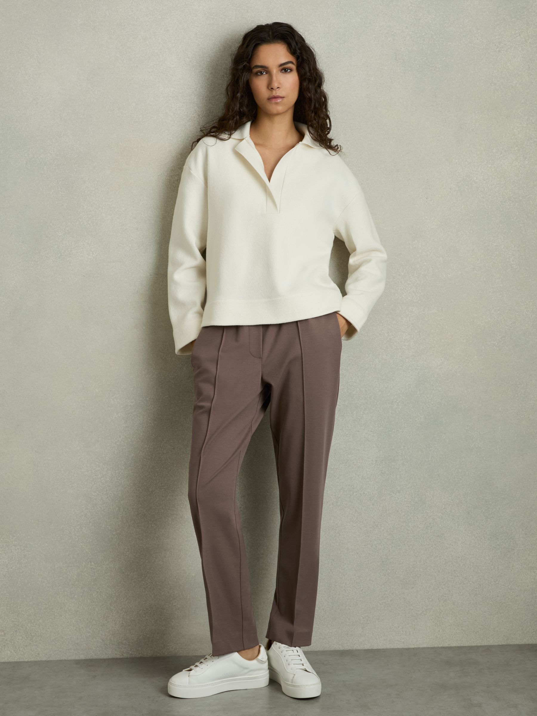Elasticated-Waistband Tapered Trousers in Mink Neutral