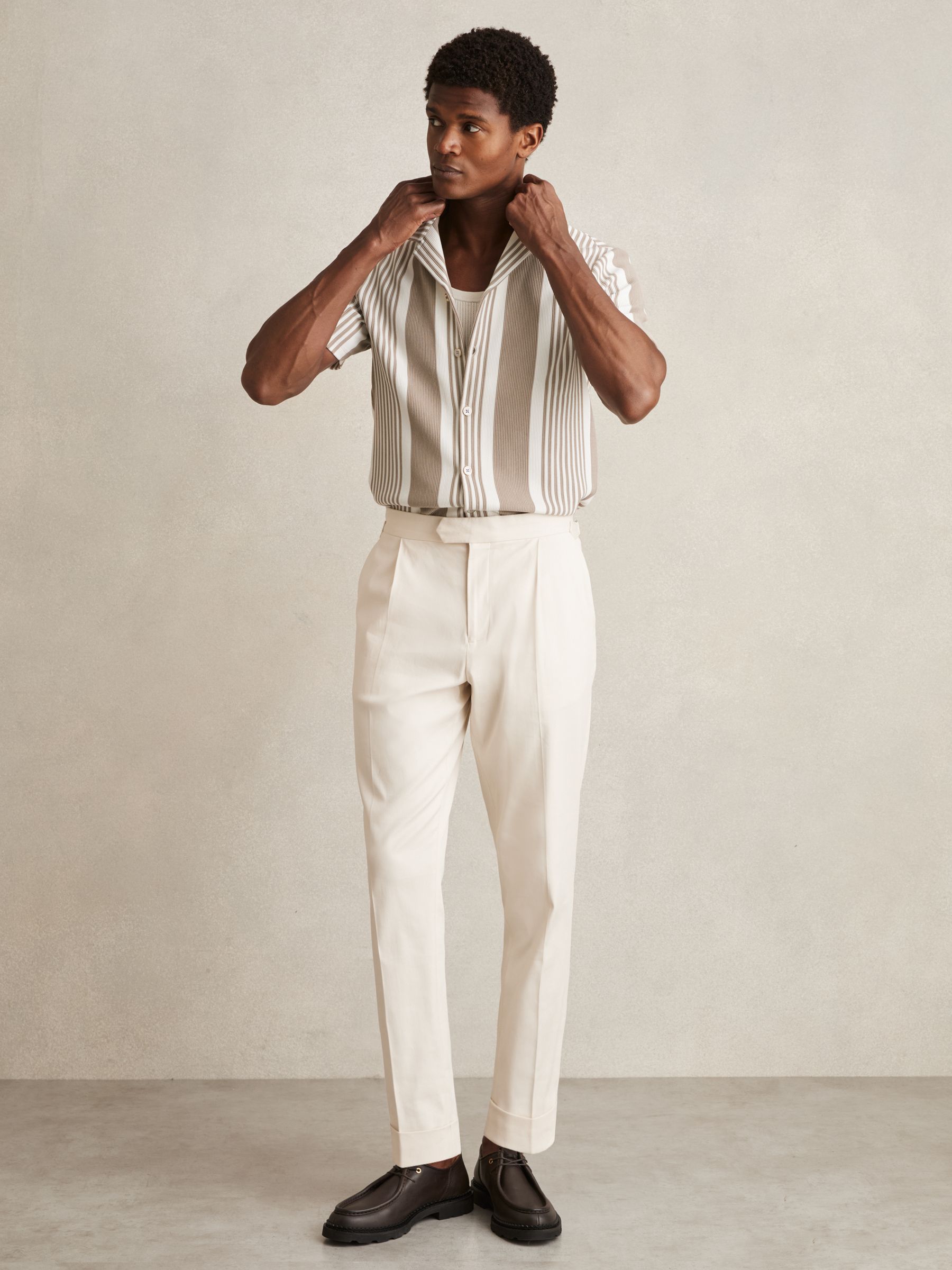 Stripe Ribbed Cuban Collar Shirt in Oatmeal/White