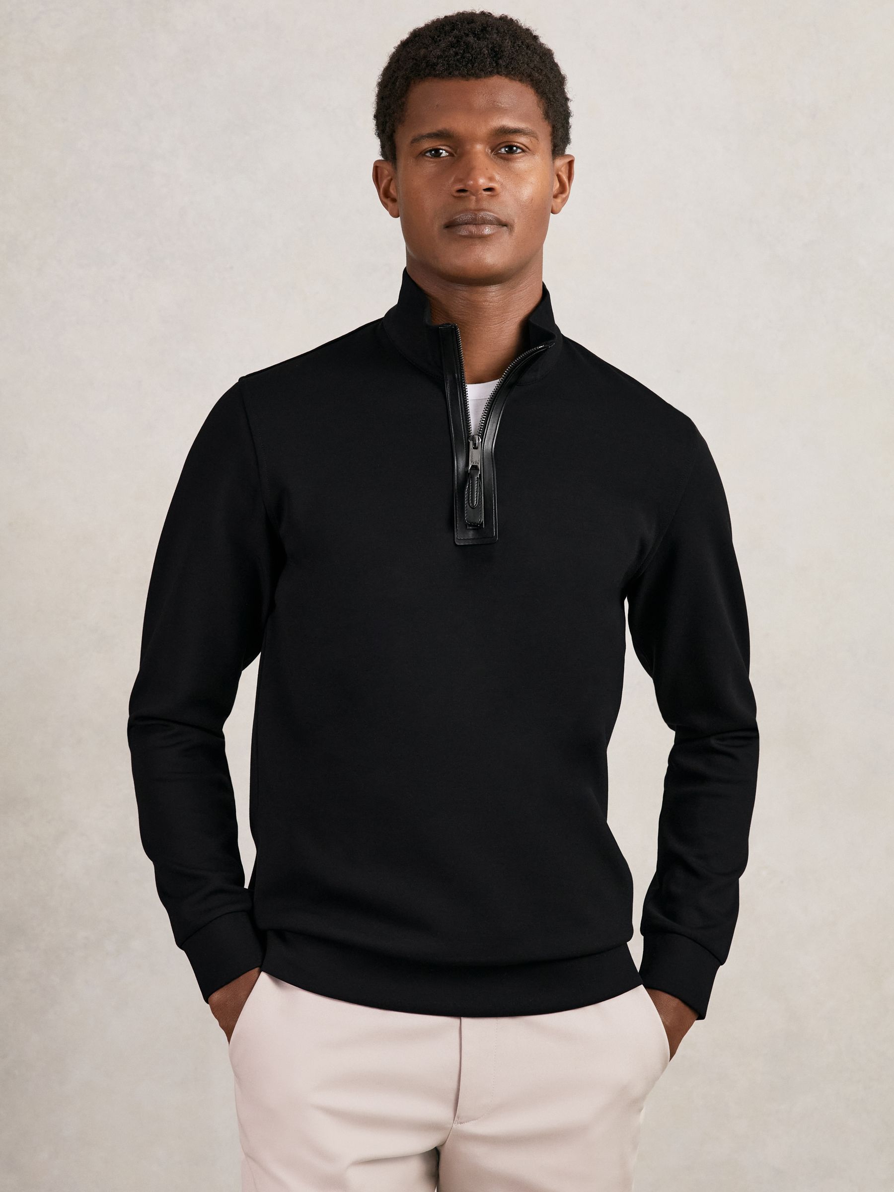 Leather-Placket Interlock Sweatshirt in Black