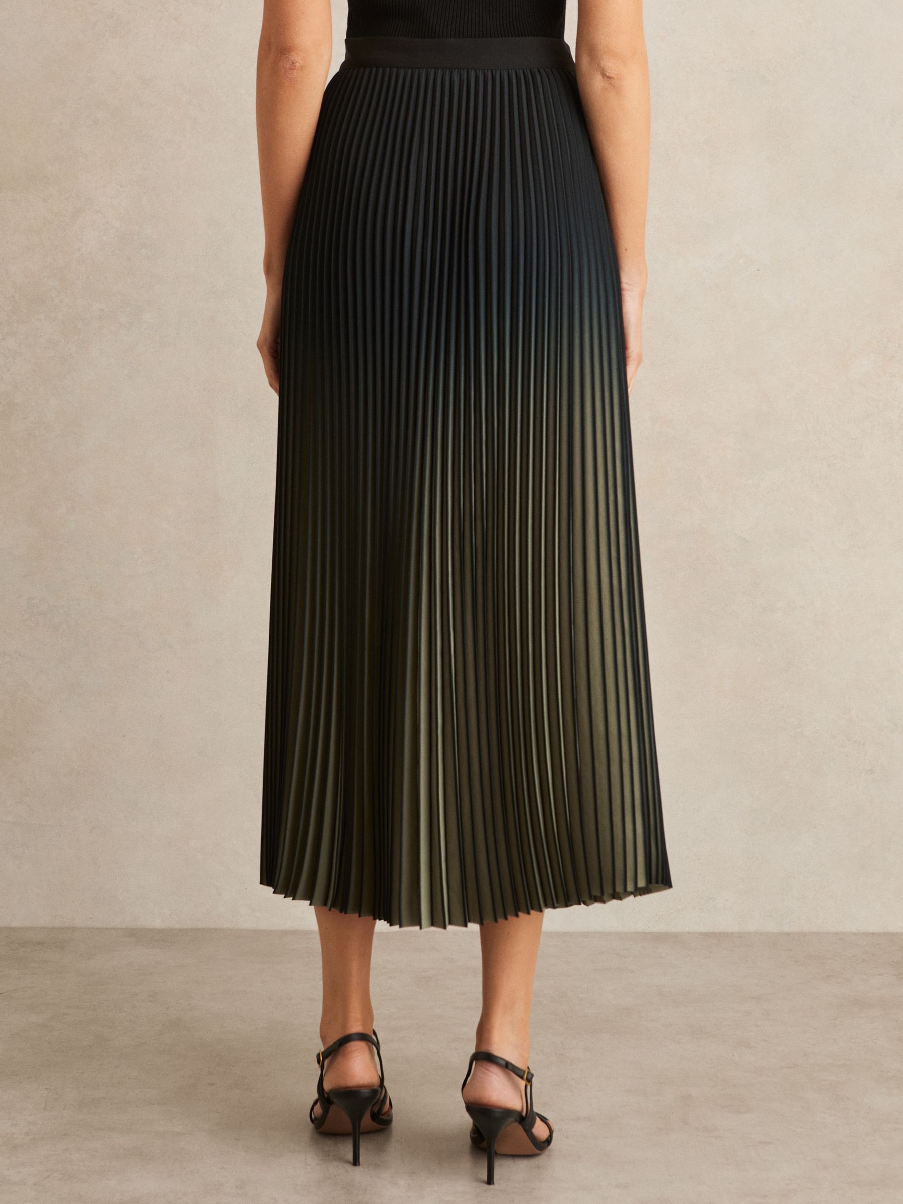 Ombré Pleated Midi Skirt in Khaki/Black