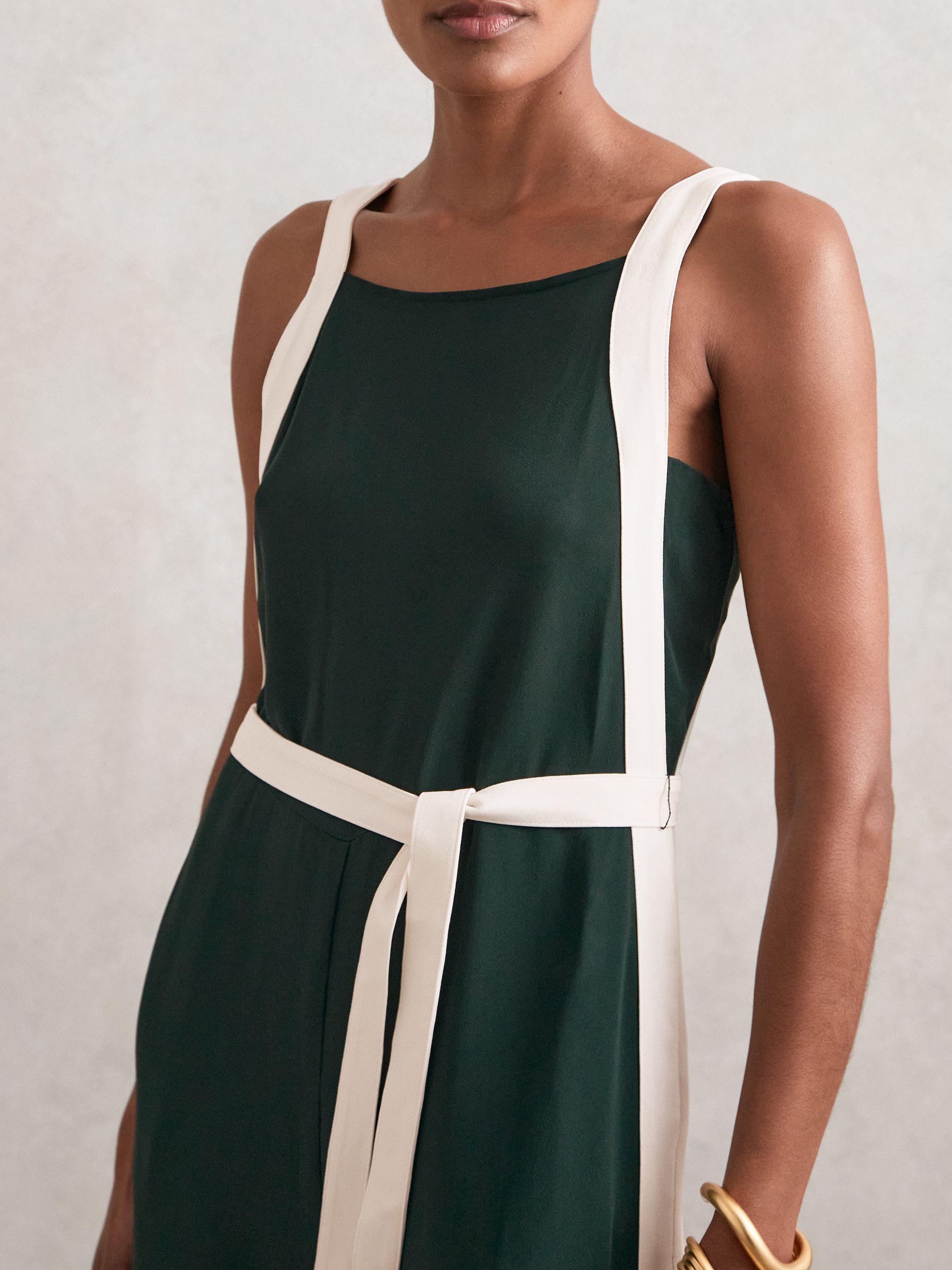 Colourblock Wide Leg Belted Jumpsuit in Dark Green/Cream