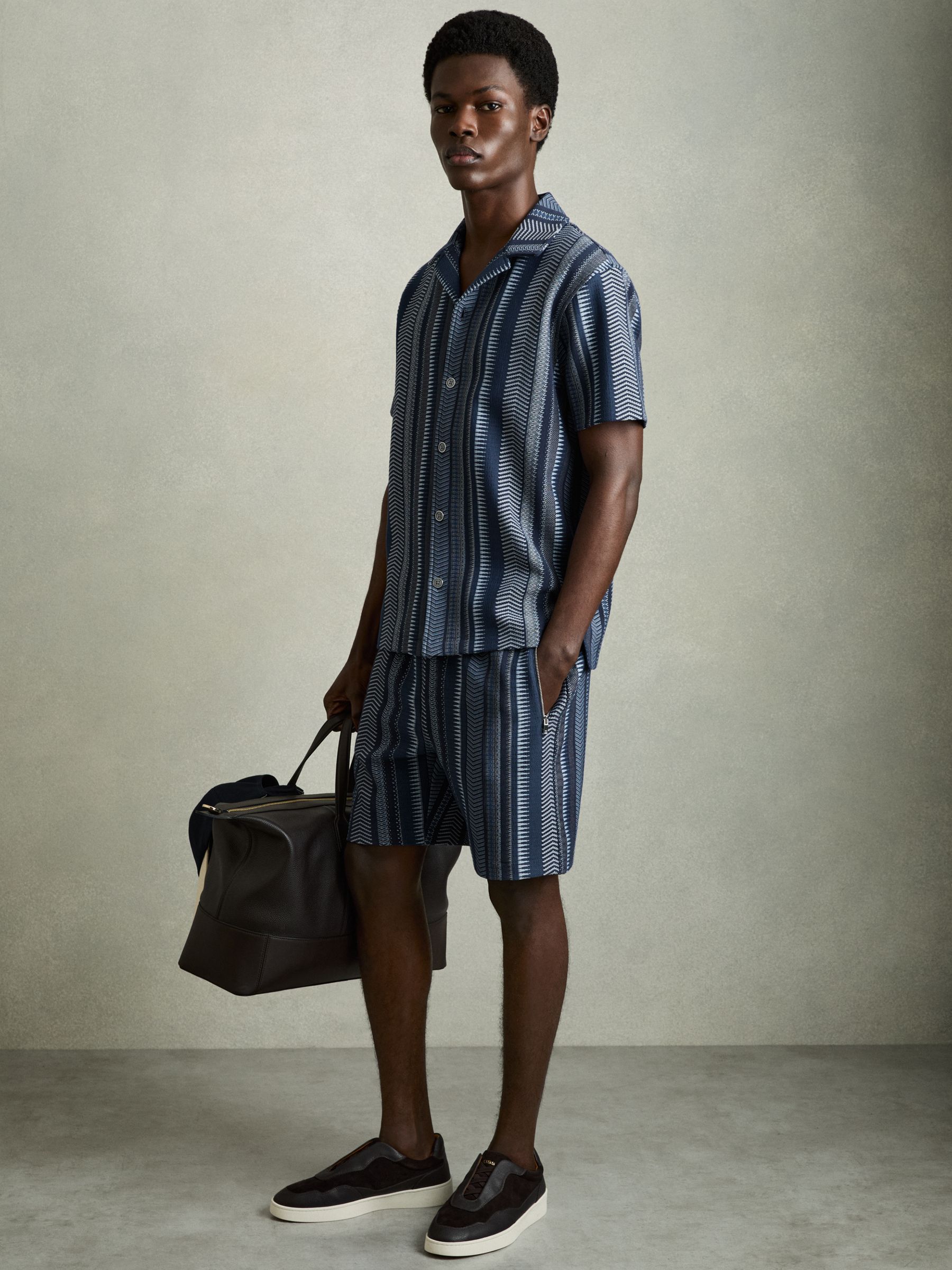 Aztec-Stripe Drawstring Shorts in Navy