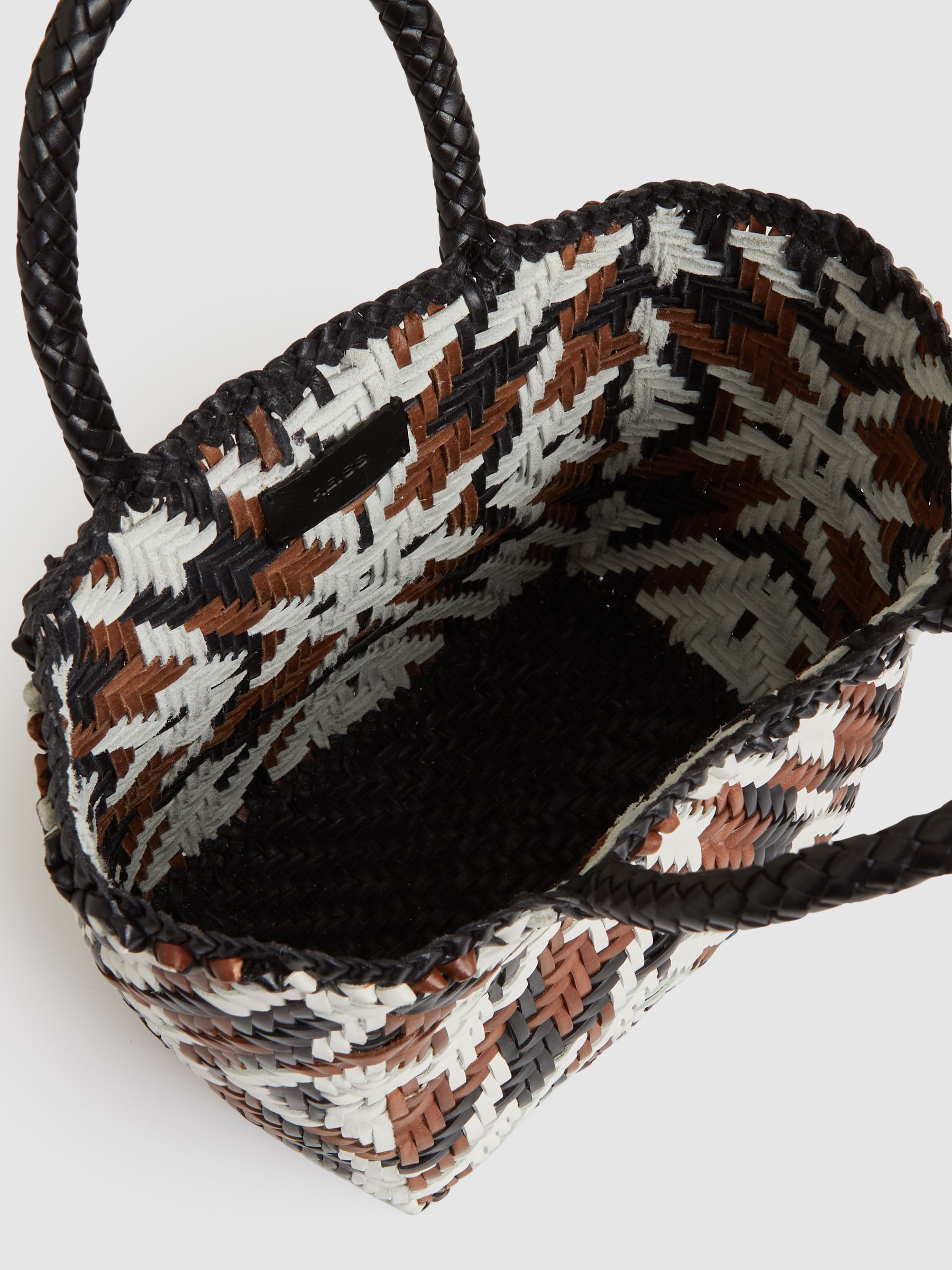 Small Leather Woven Tote Bag in Tan/White/Black