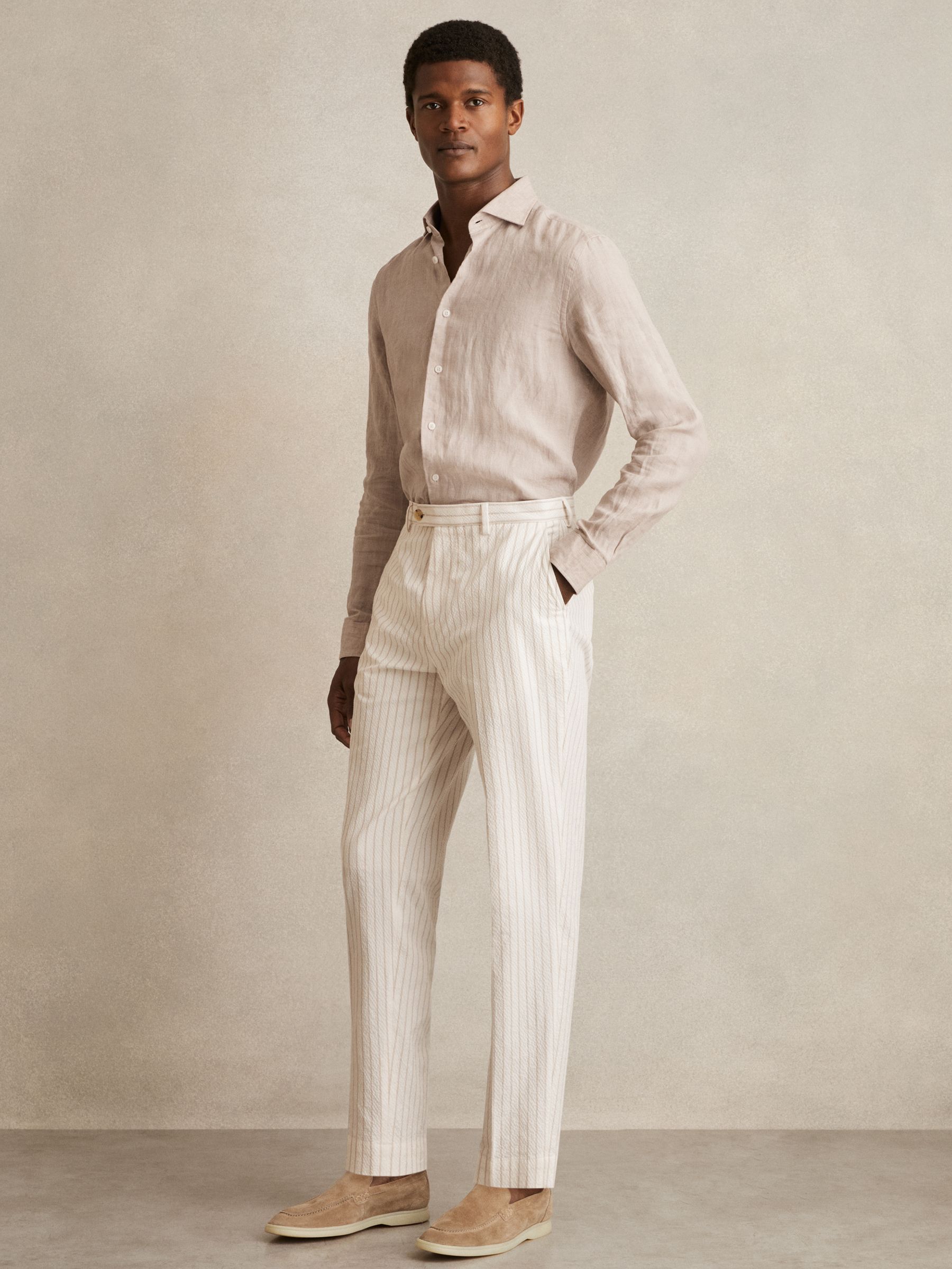 Regular-Fit Cotton-Blend Pinstripe Trousers in Off White/Taupe Brown