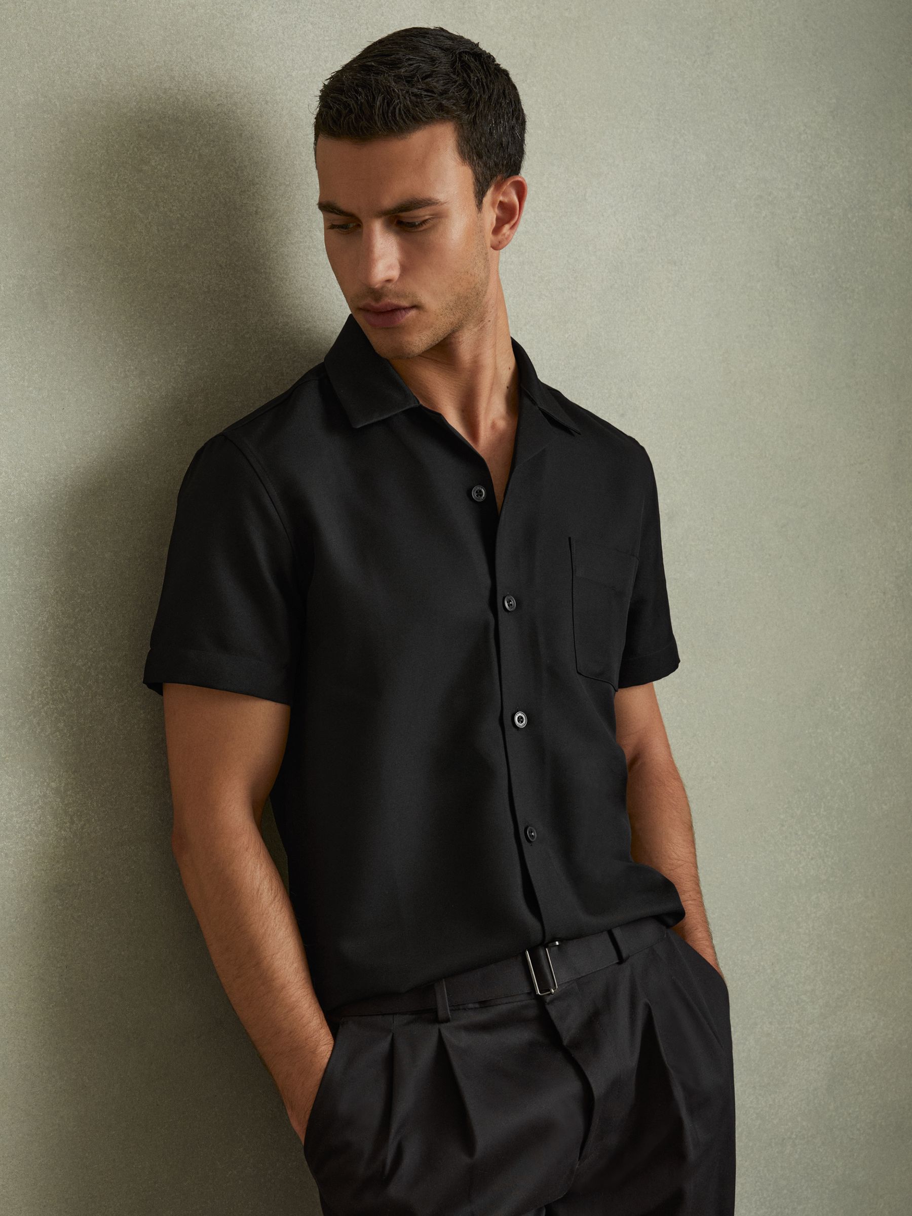 Cuban Collar Button-Through Shirt in Black