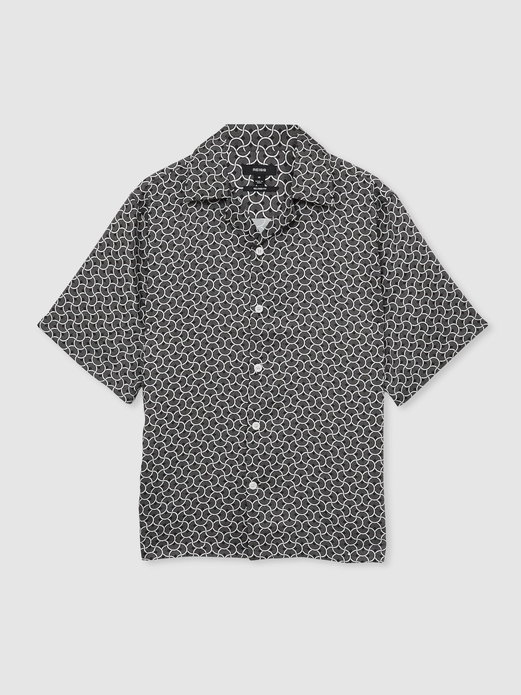Geometric Wave Print Cuban Shirt in Black/White