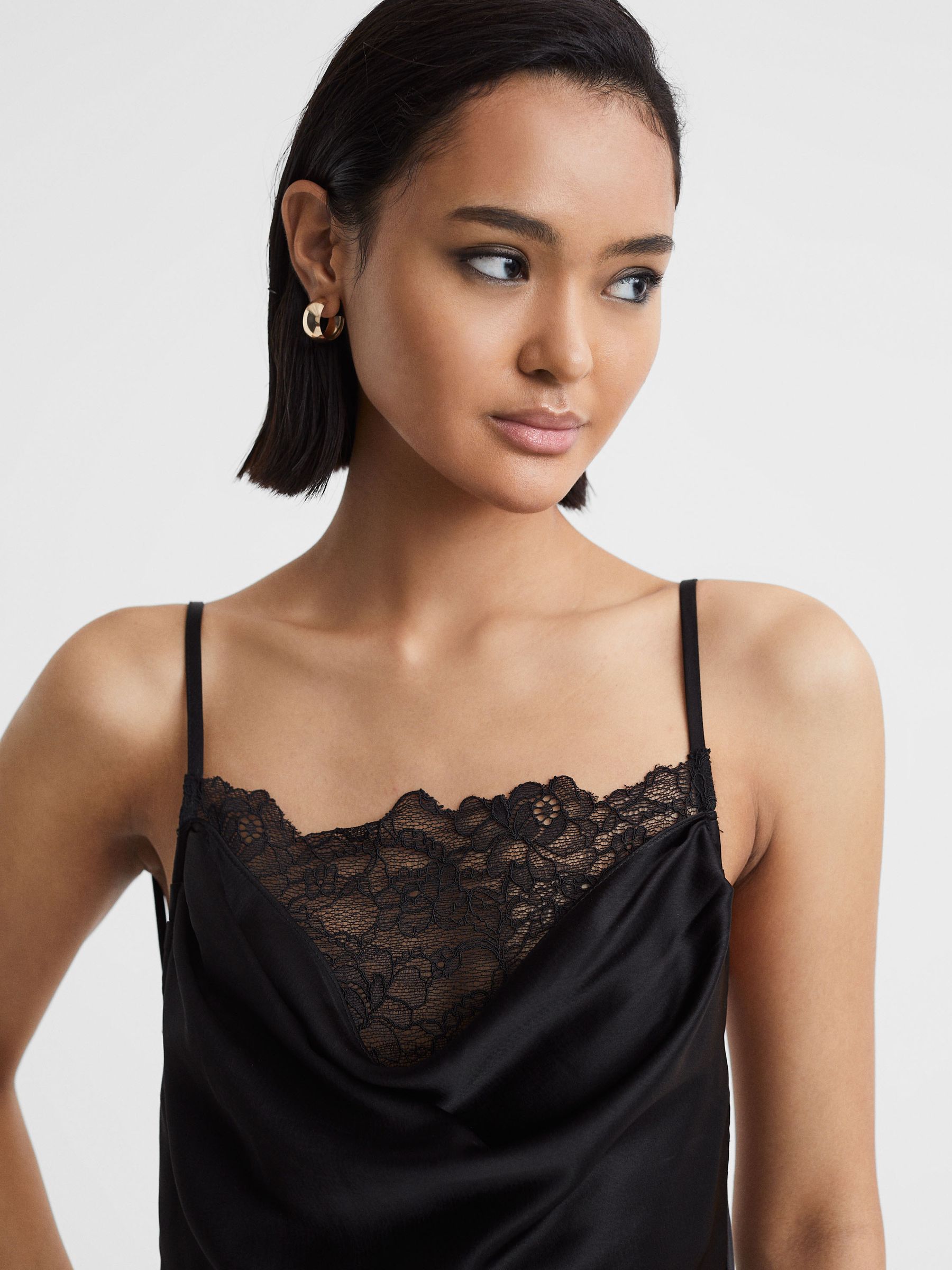 Anna Quan Satin Lace Cowl Neck Maxi Dress in Black