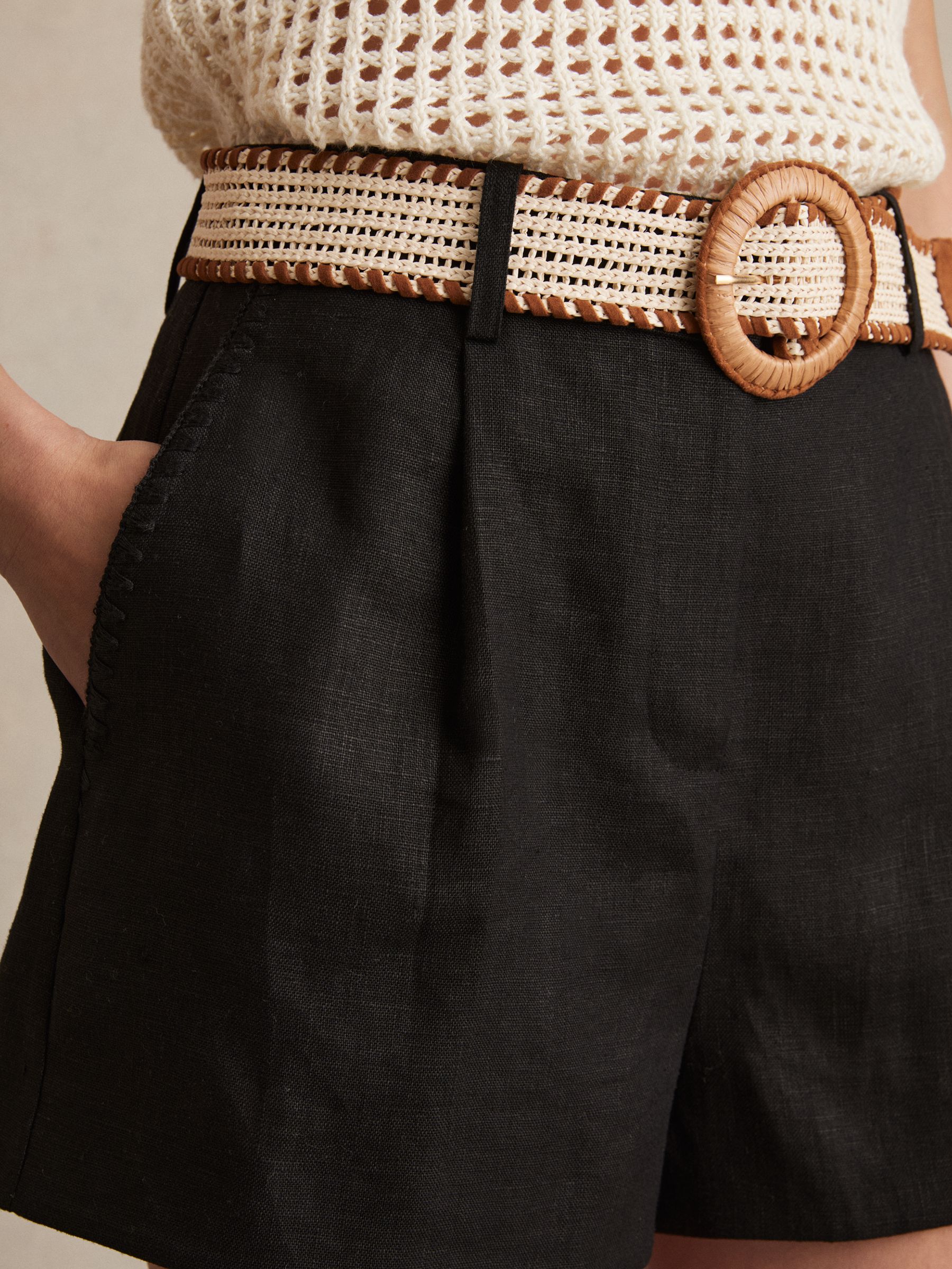 Linen Pleat-Front Belted Shorts in Black