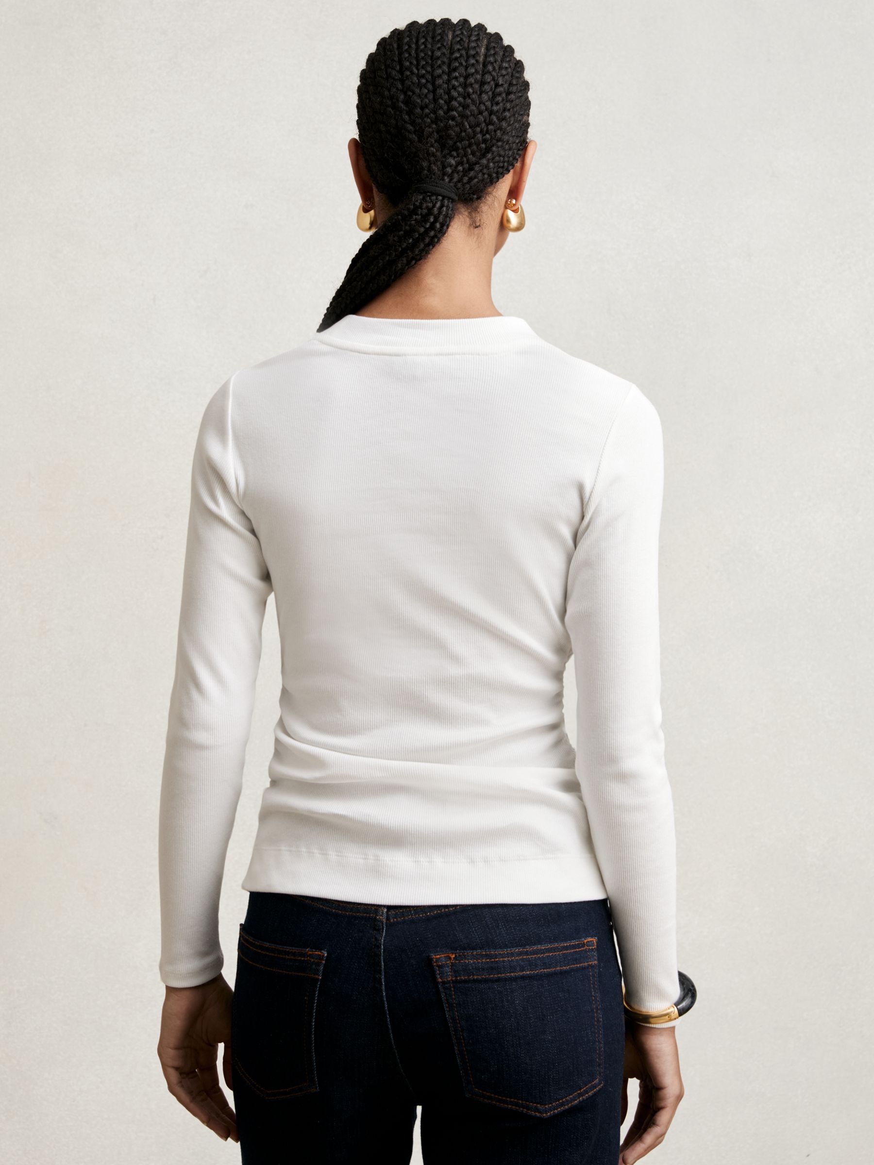 Cotton Long-Sleeve Ruched T-Shirt with Stretch in White