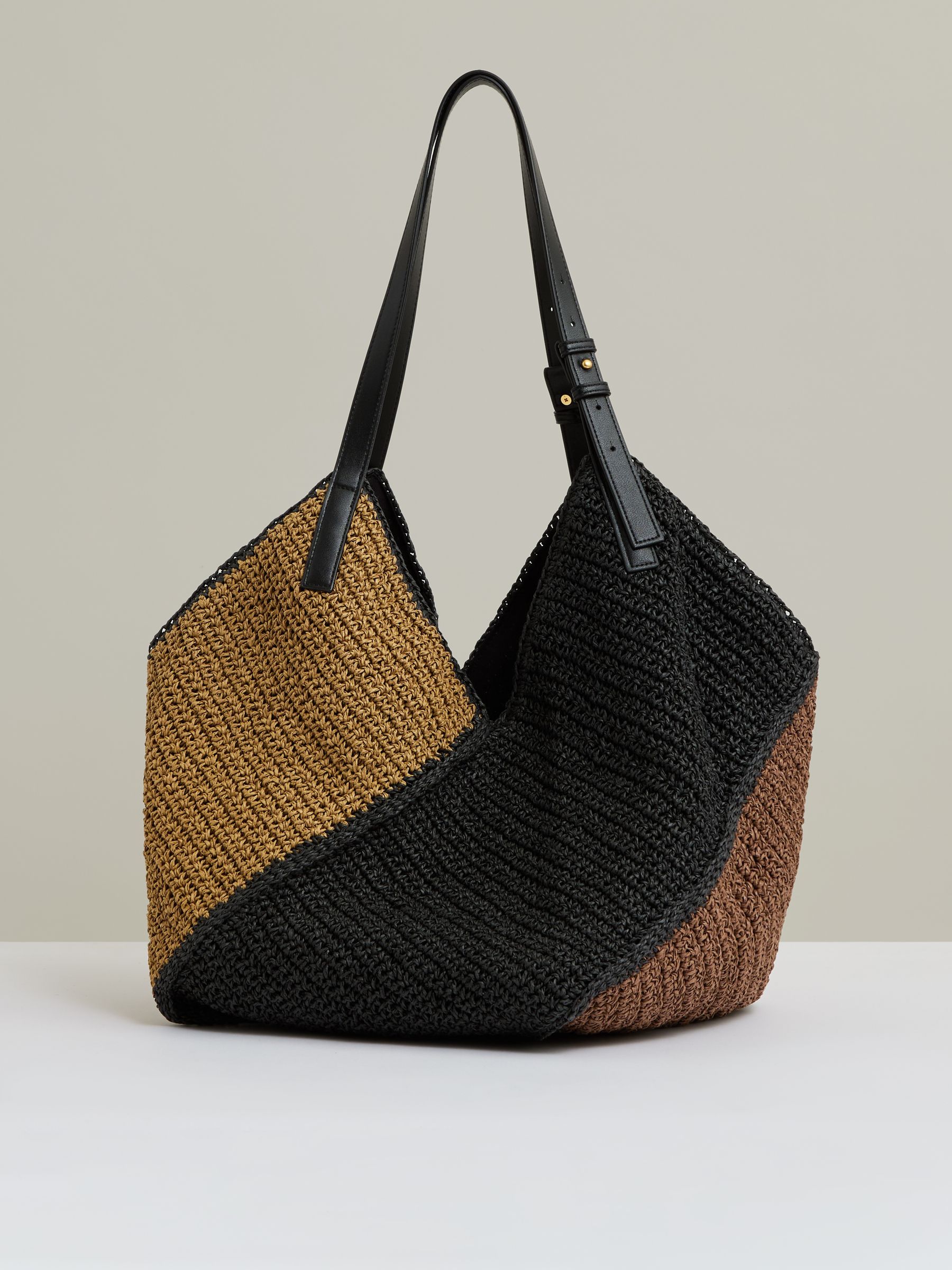 Raffia Colour-Block Tote Bag in Tan