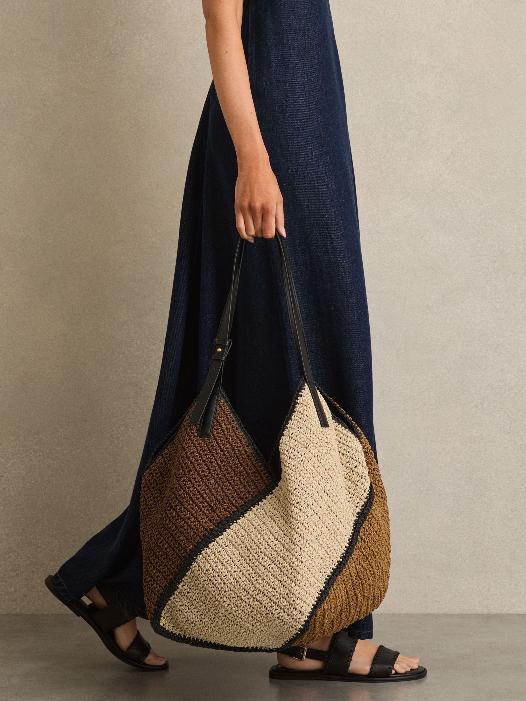 Raffia Colour-Block Tote Bag in Tan