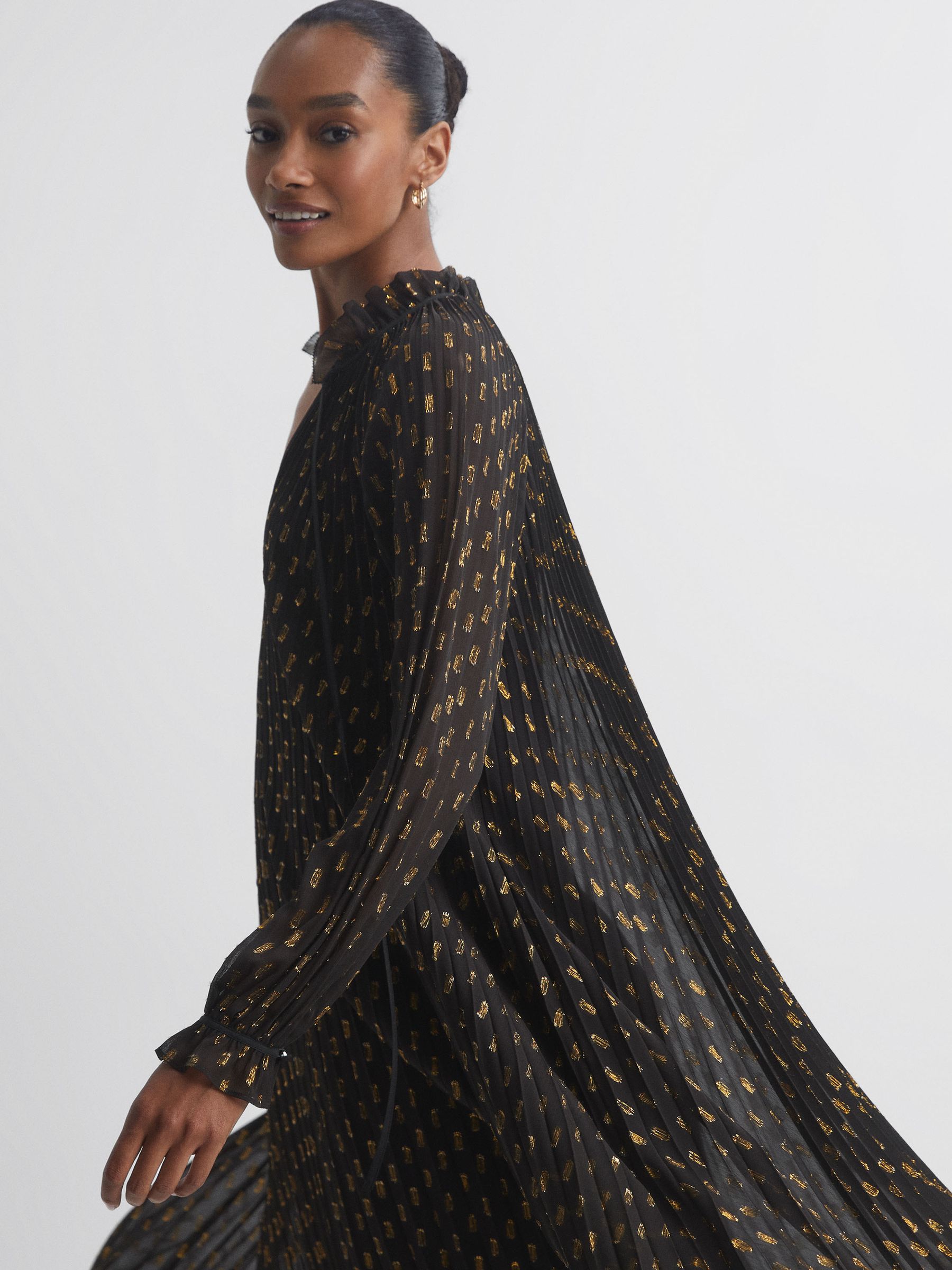 Florere Sheer Metallic Long Sleeve Brown Midi Dress in Brown