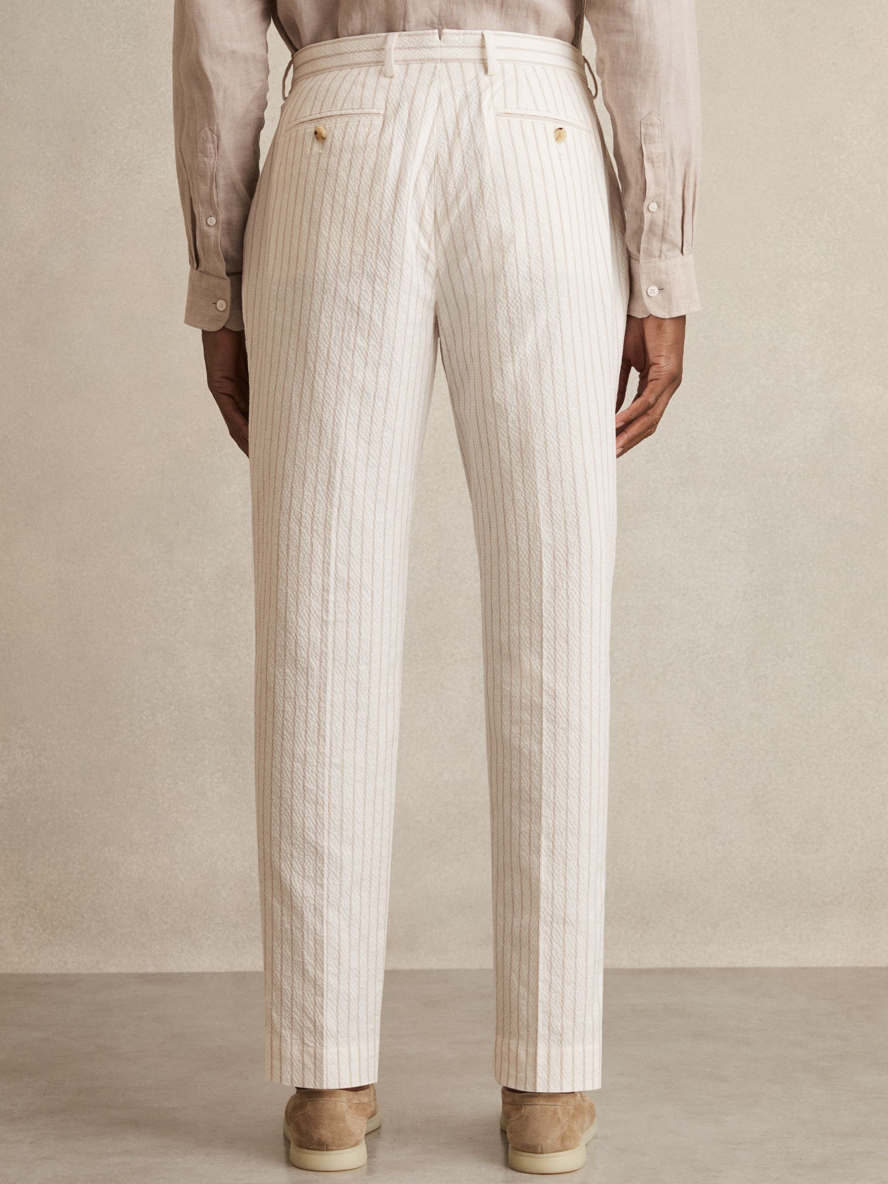 Regular-Fit Cotton-Blend Pinstripe Trousers in Off White/Taupe Brown