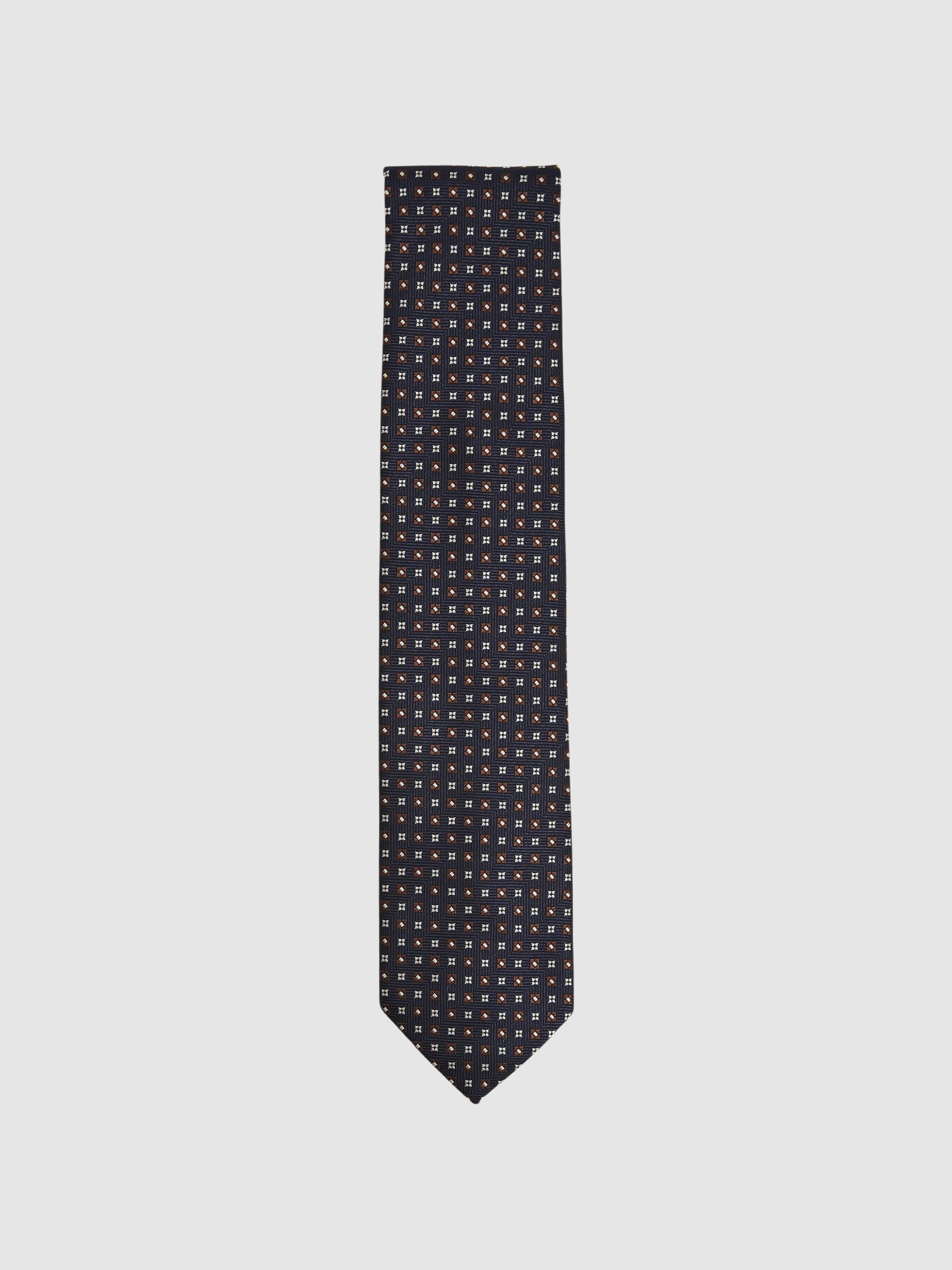 Foulard Silk Blend Floral Print Tie in Navy/Tobacco