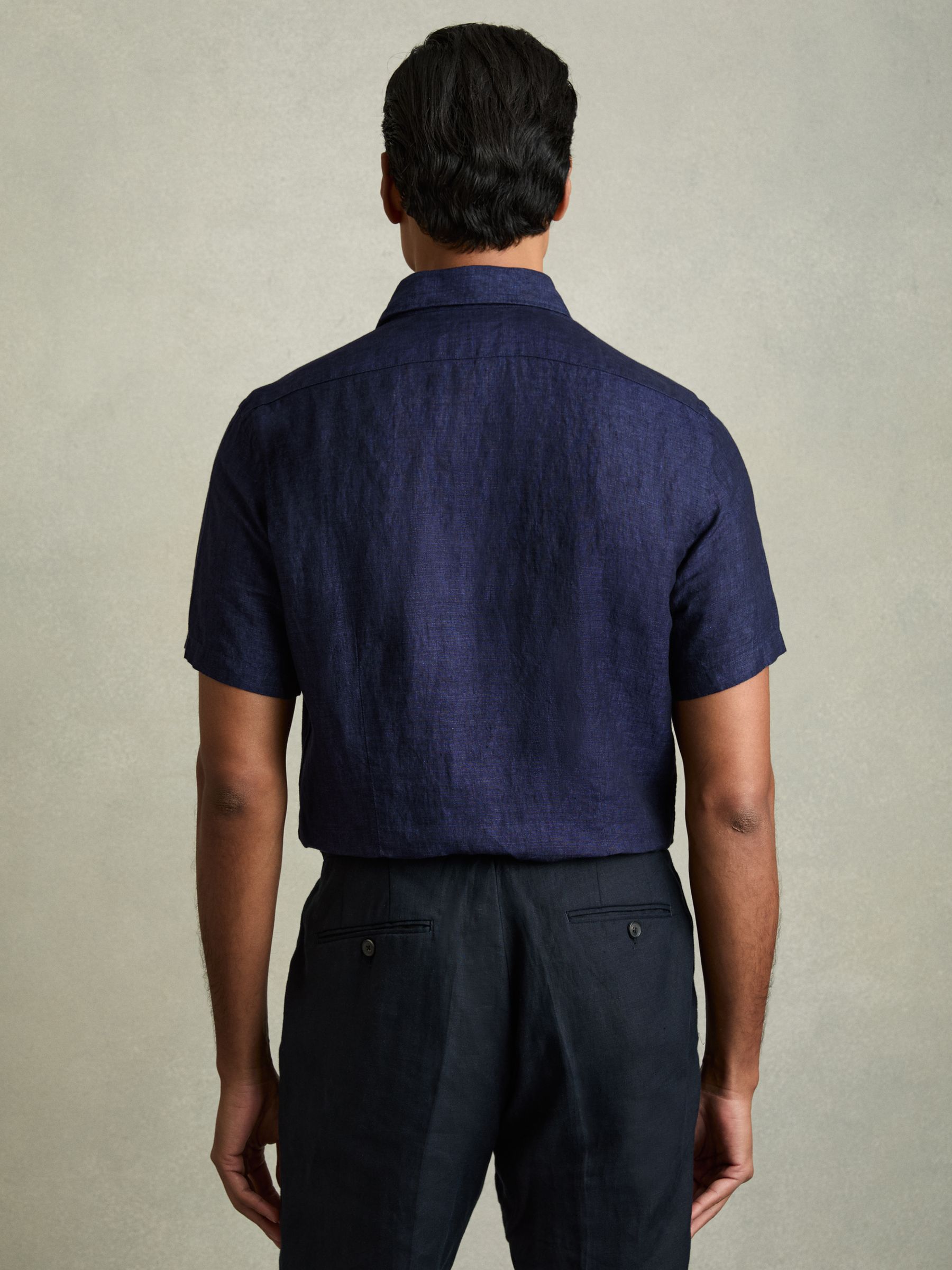 Slim Fit Linen Button-Through Shirt in Navy