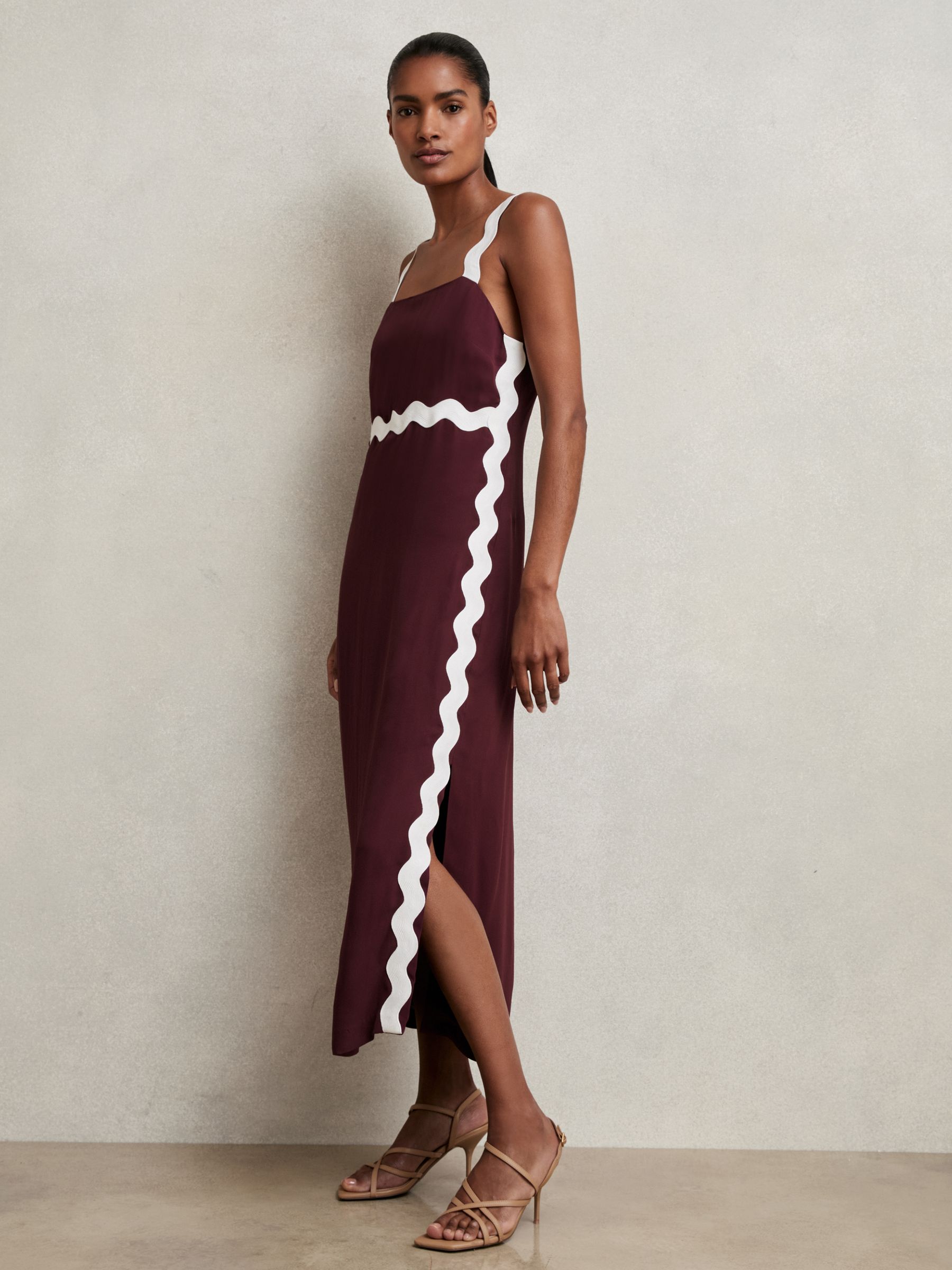Wave-Trim Crepe Midi Dress in Burgundy