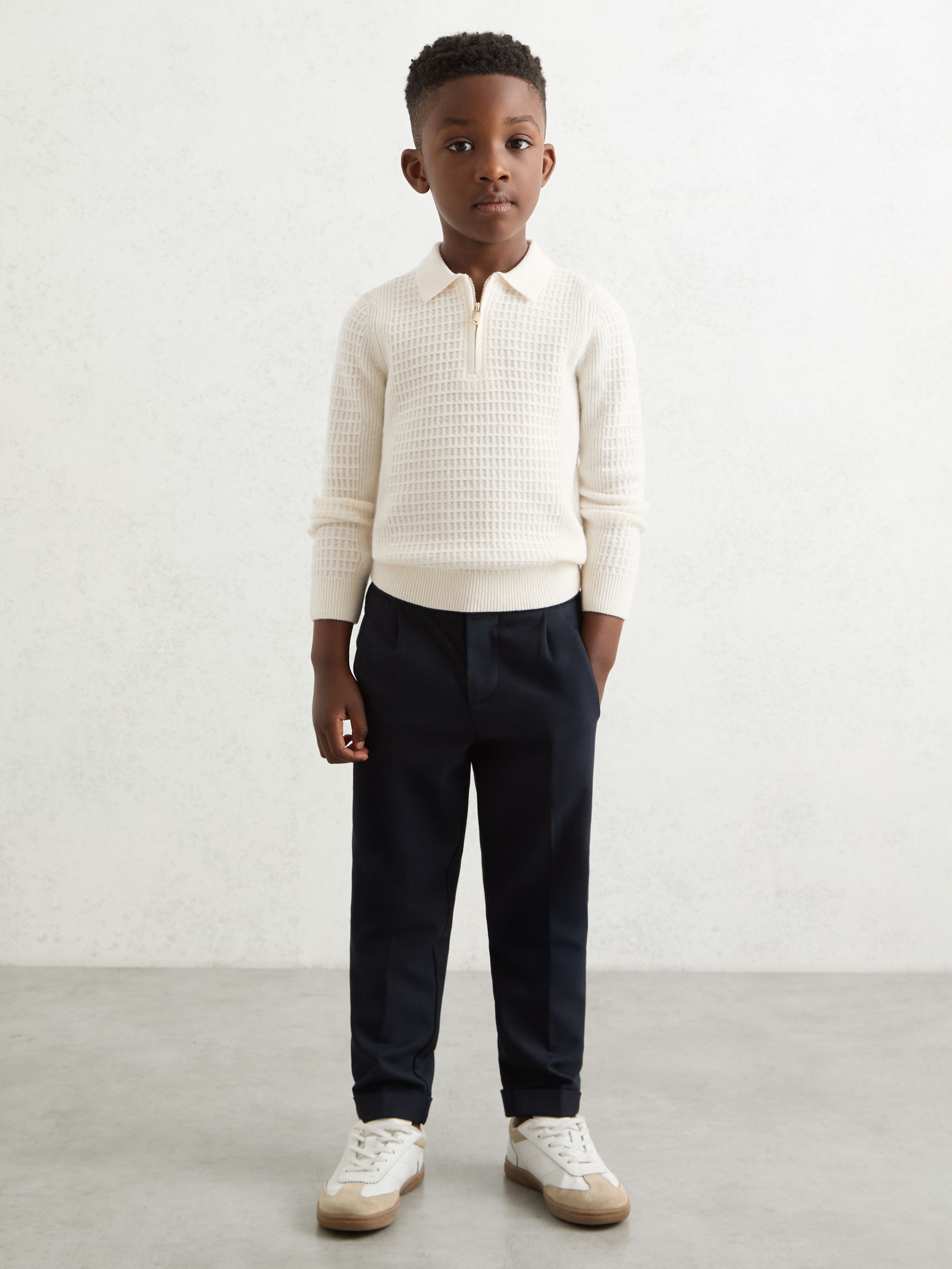9-13 yrs Wool Waffle-Knit Half-Zip Polo Shirt in Off White