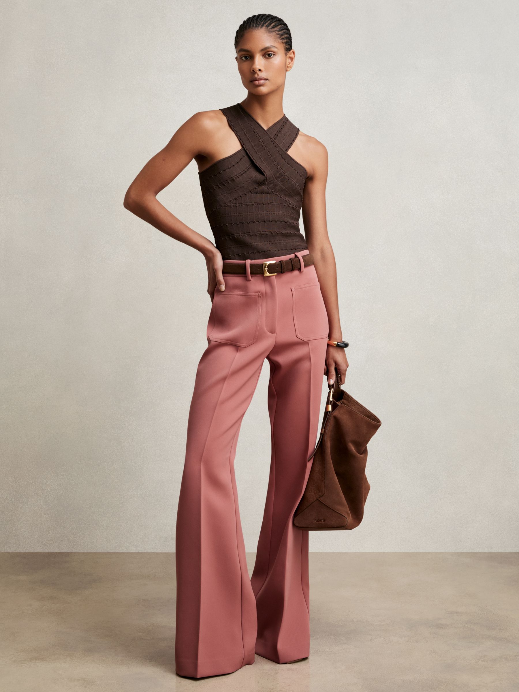Twill Patch-Pocket Flared Trousers in Pink