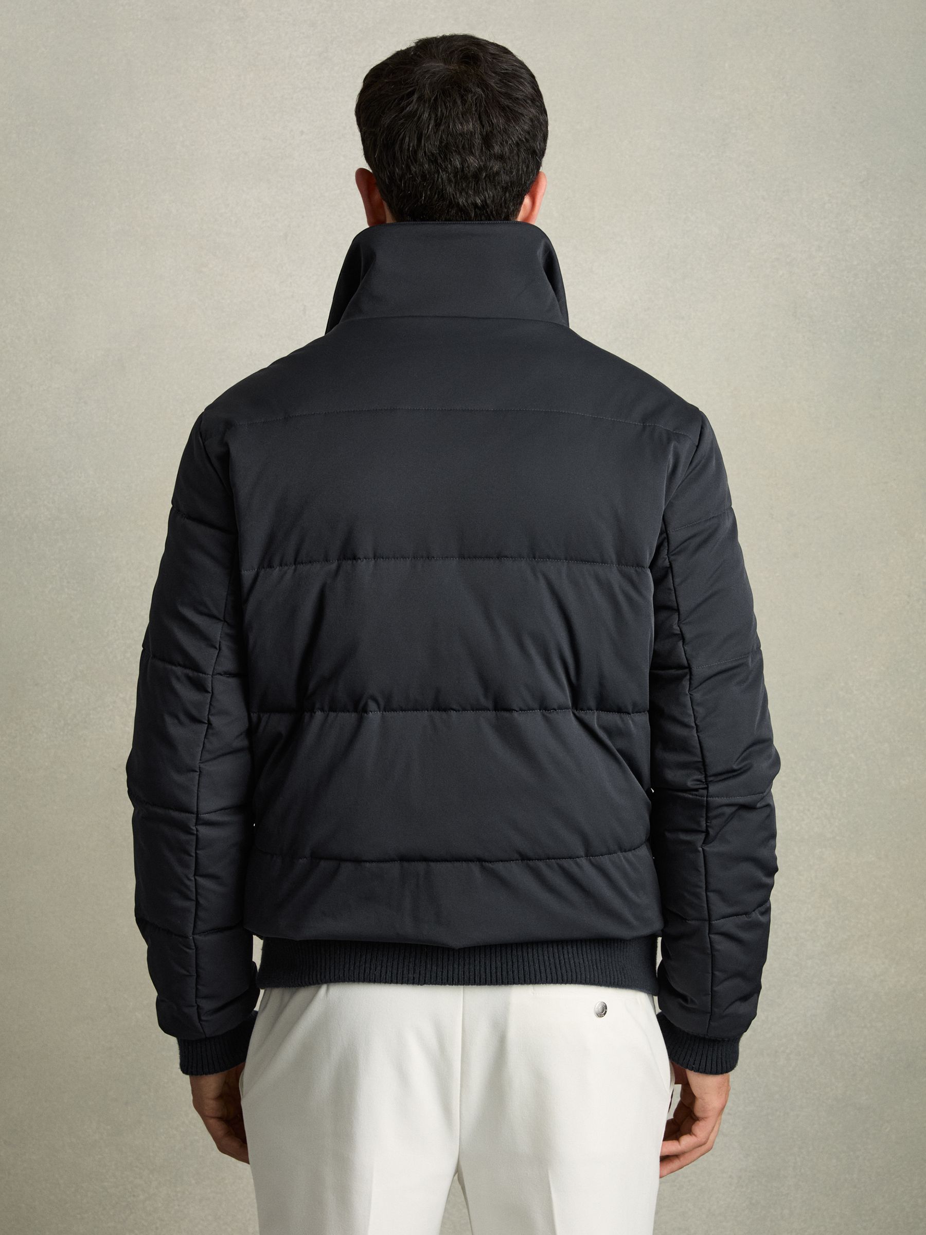 Faux-Fur Collar Puffer Jacket in Navy/ White Borg