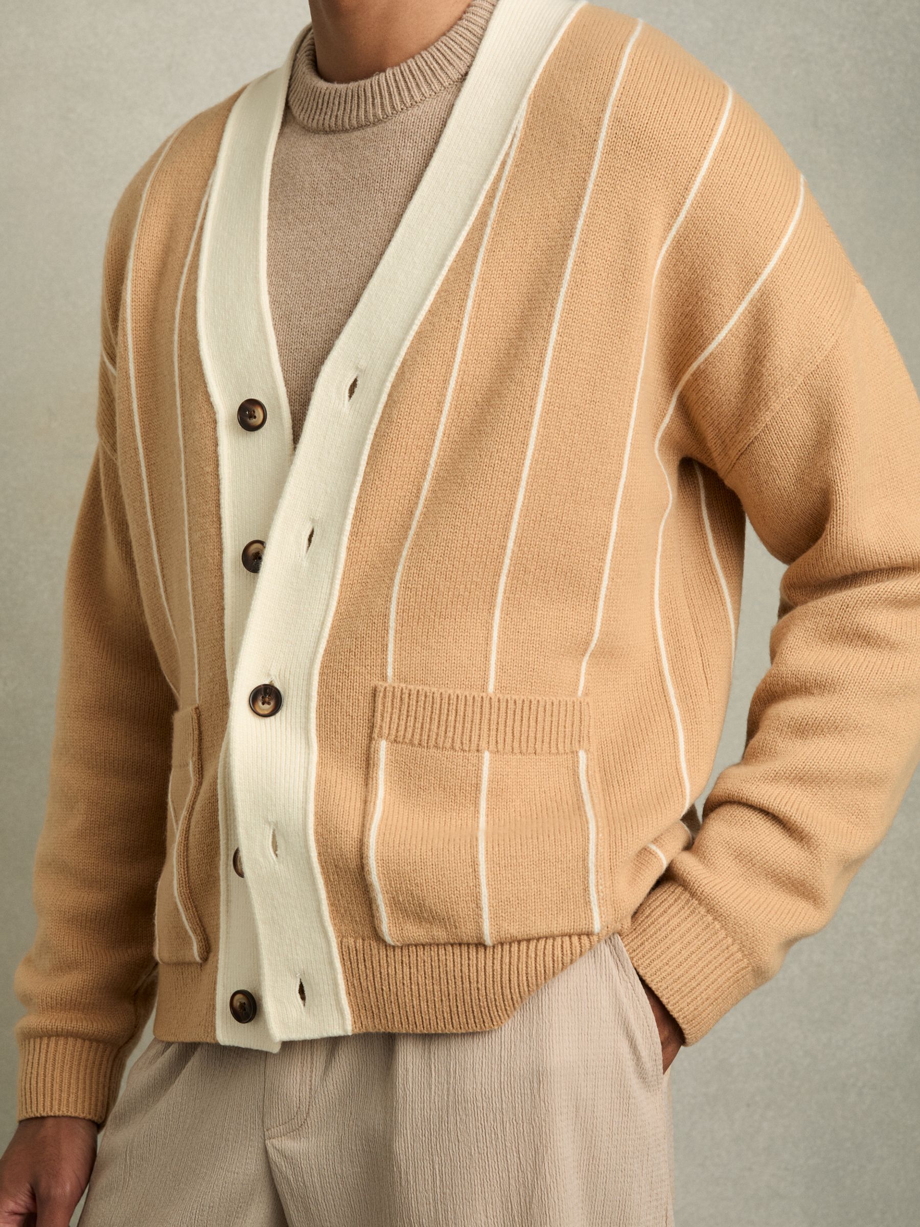 Wool-Blend Pinstripe Cardigan in Camel/White