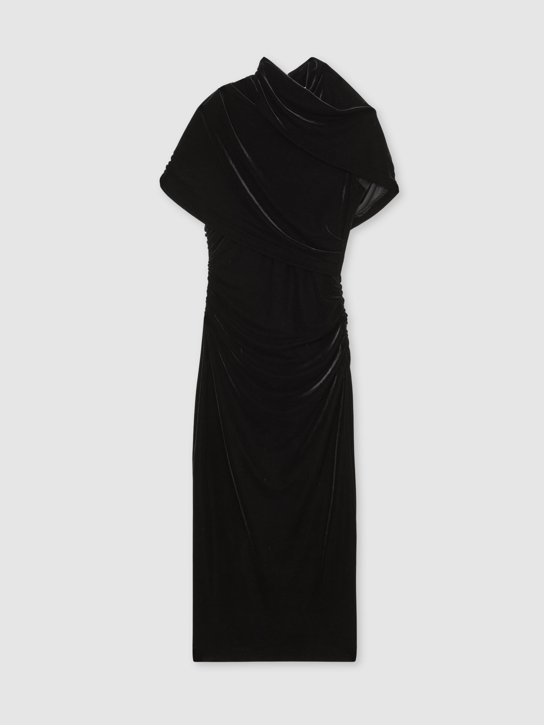 Velvet Draped-Neck Ruched Midi Dress in Black