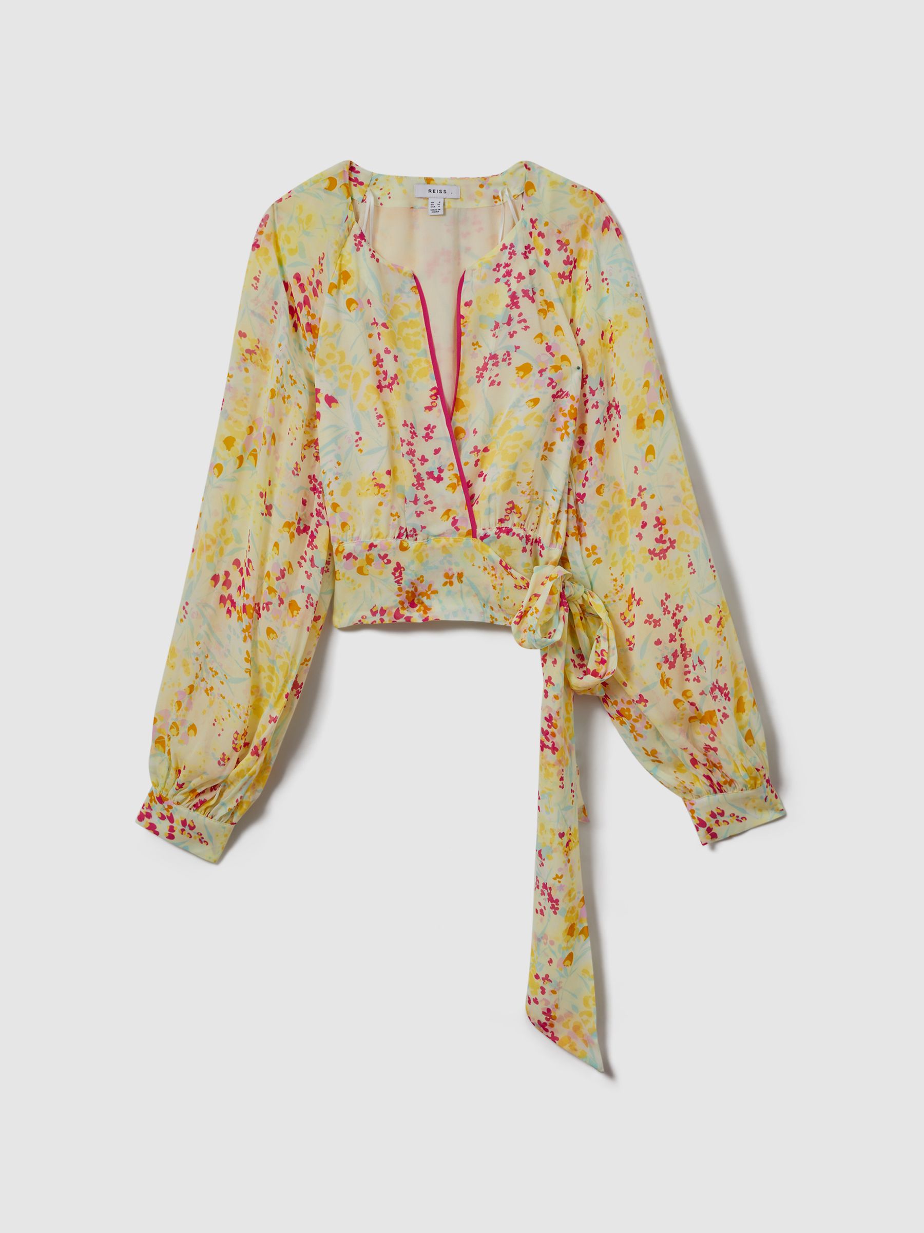 Floral Print Tie Waist Cropped Blouse in Pink/Yellow