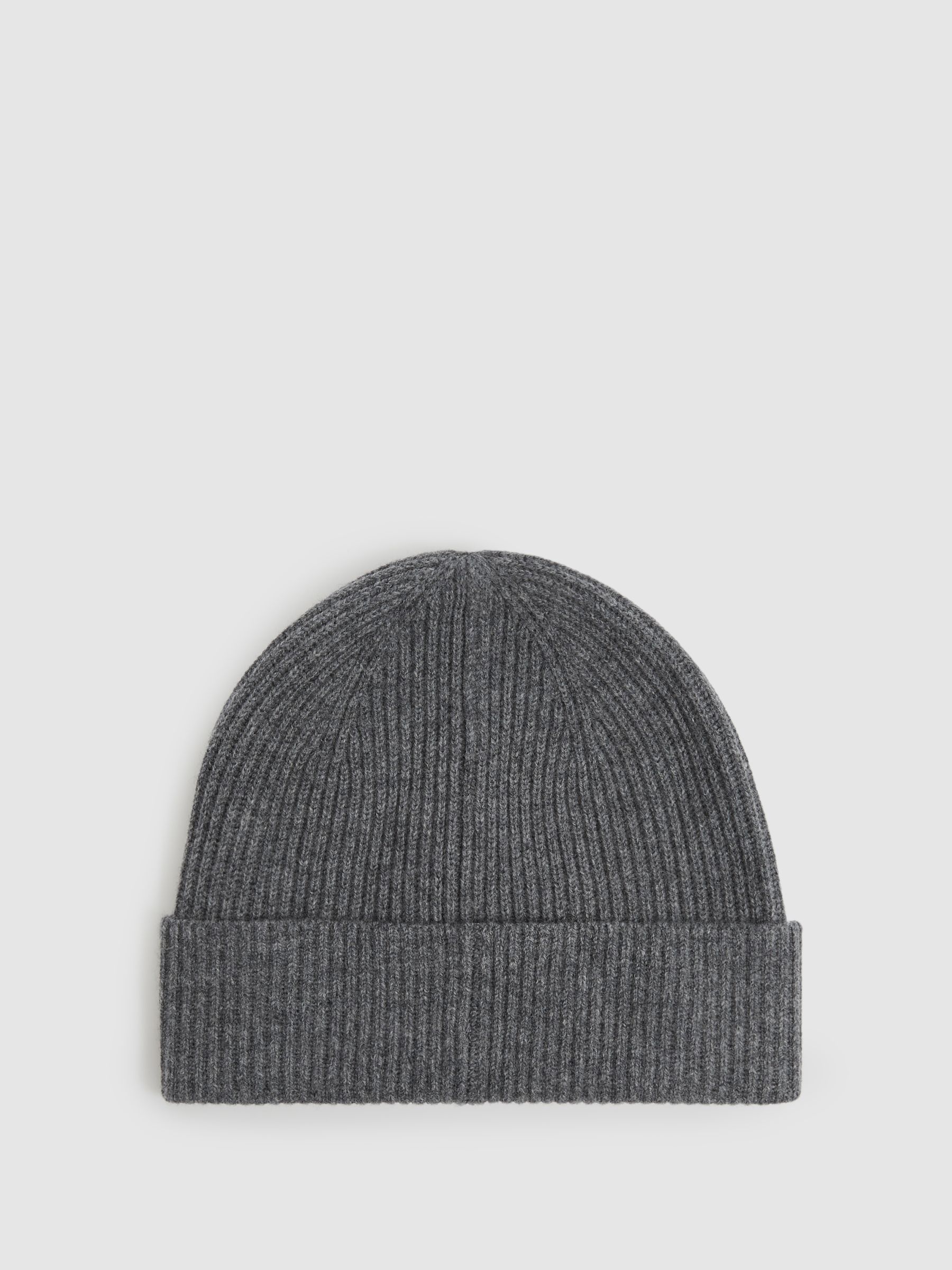 Merino Wool Ribbed Beanie Hat in Mid Grey Melange