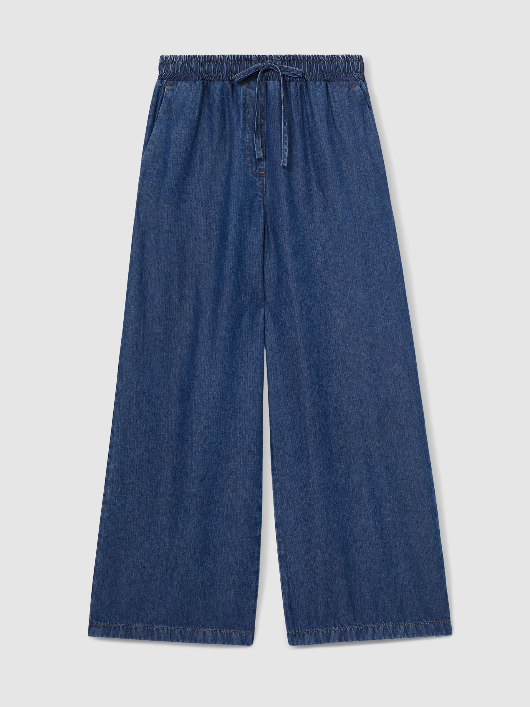 Wide-Leg Chambray Drawstring Trousers in Mid Blue