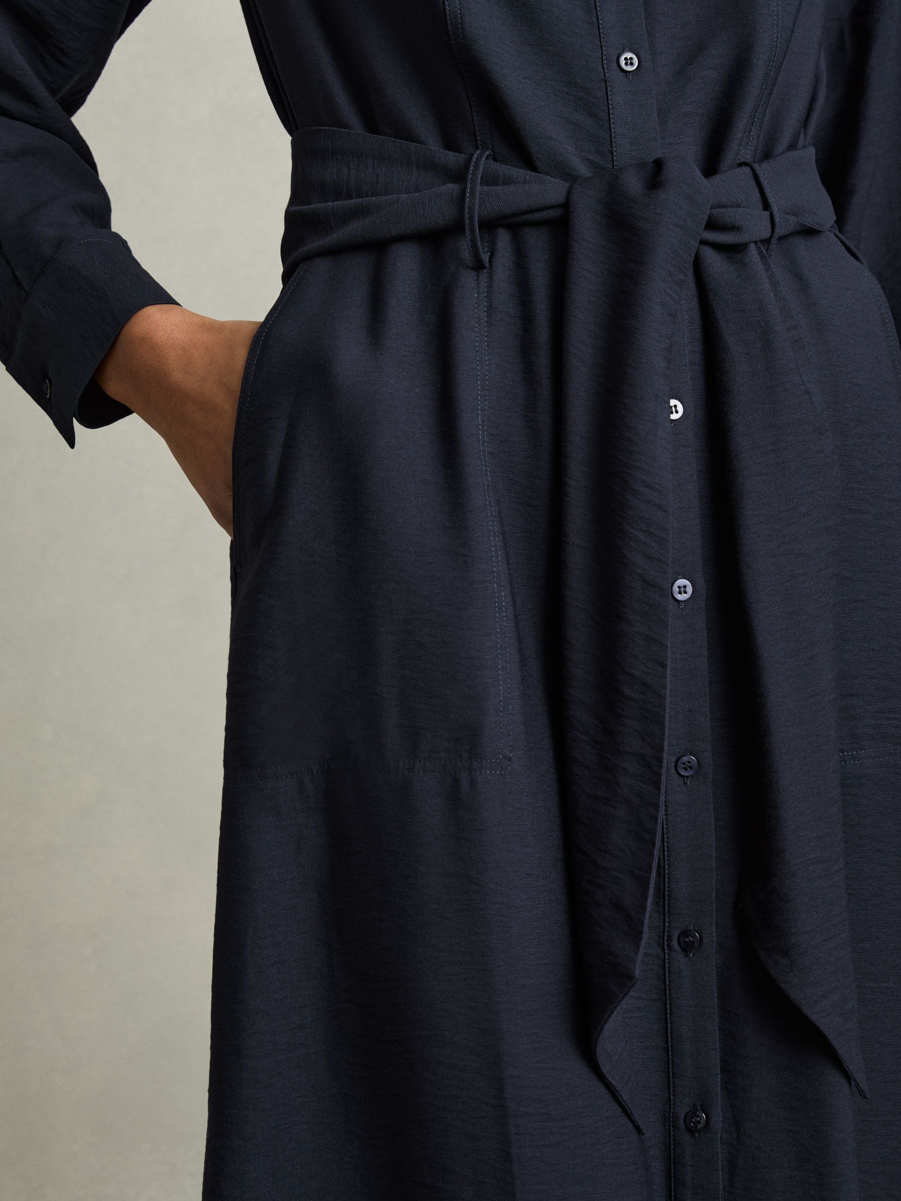 Long-Sleeve Belted Midi Dress in Navy