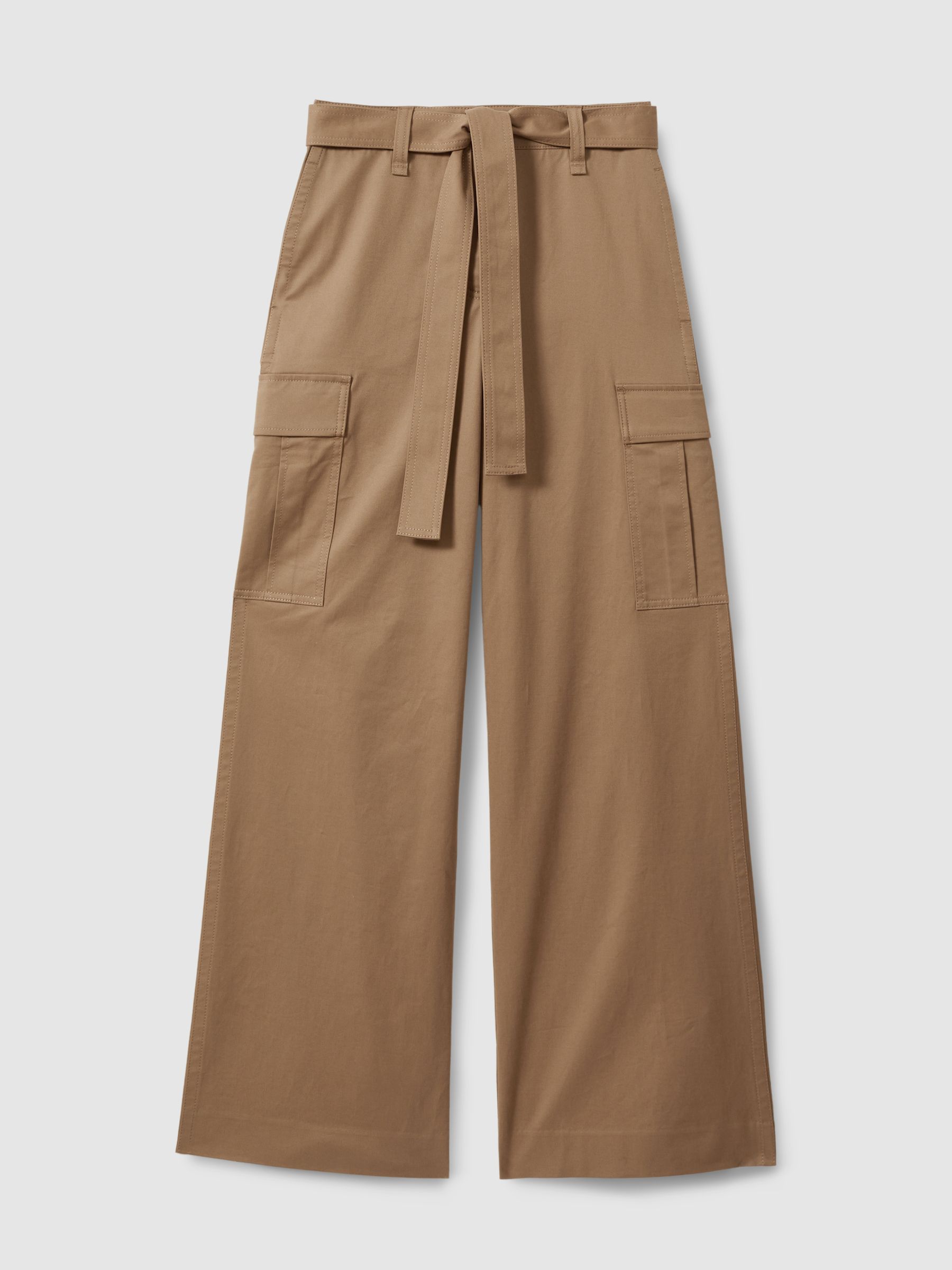 Cotton Blend Wide Leg Cargo Trousers in Camel