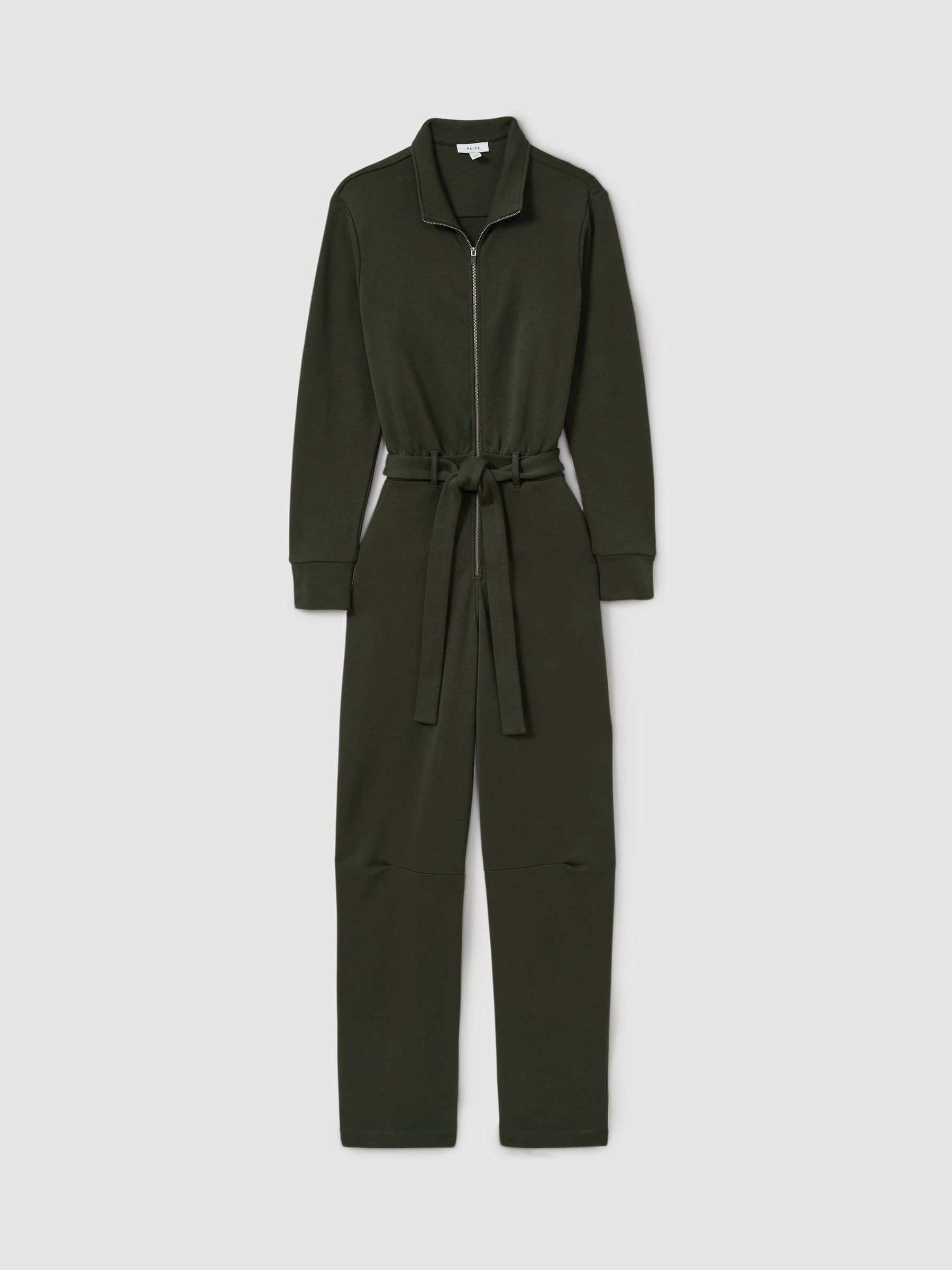 Belted Loopback-Jersey Jumpsuit in Khaki