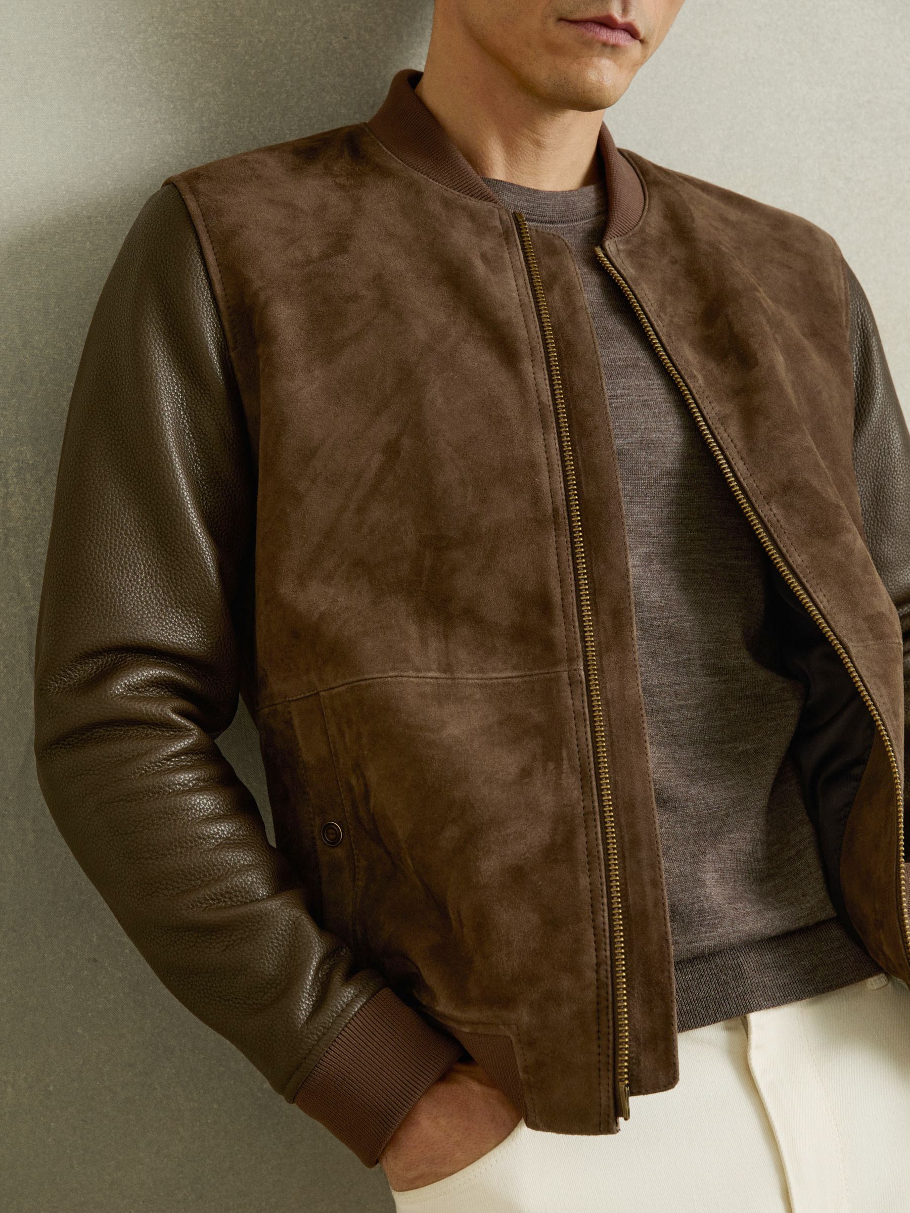 Leather-Sleeve Suede Bomber Jacket in Chocolate Brown
