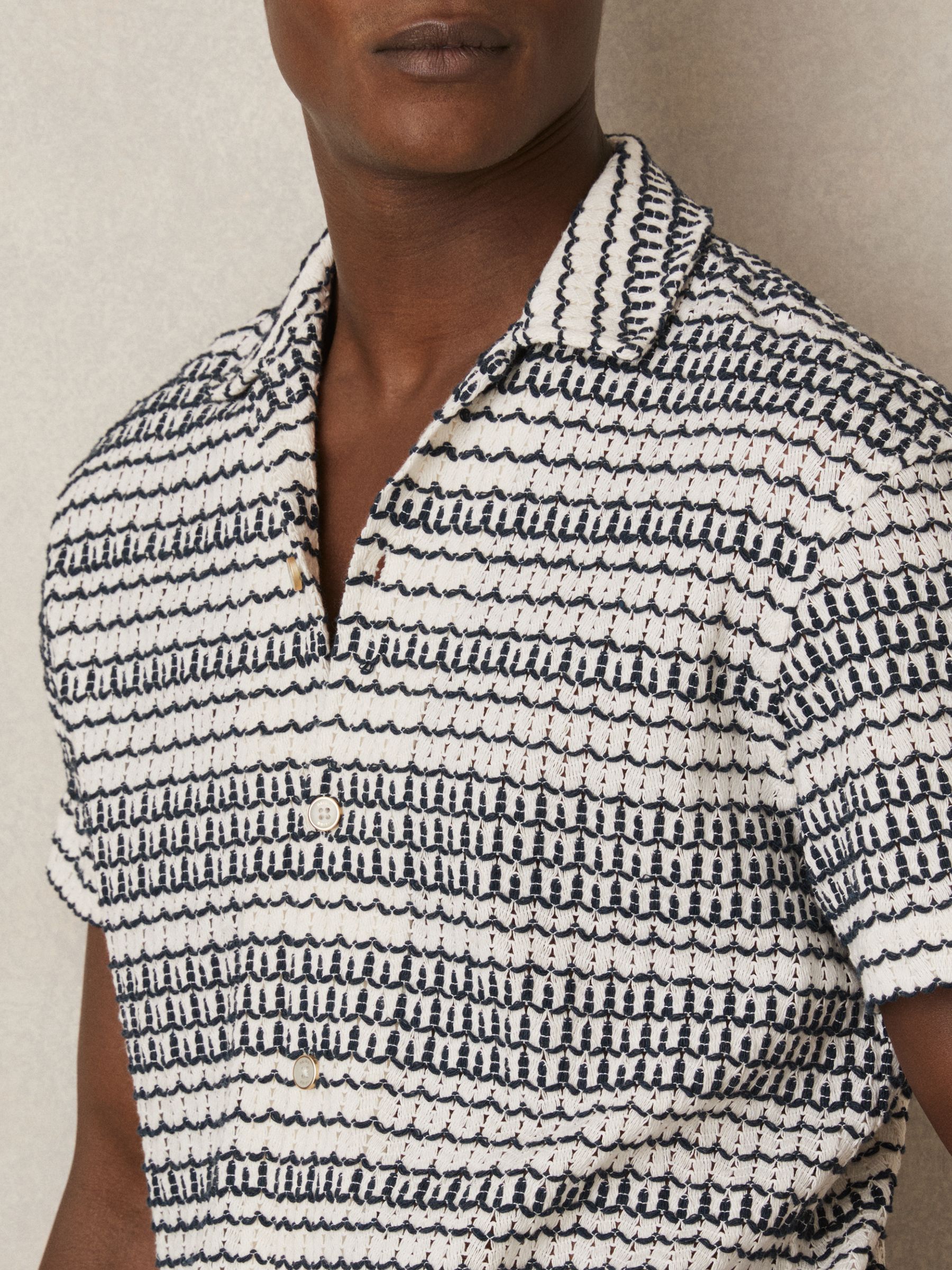 Crochet Cuban-Collar Shirt in White/Black