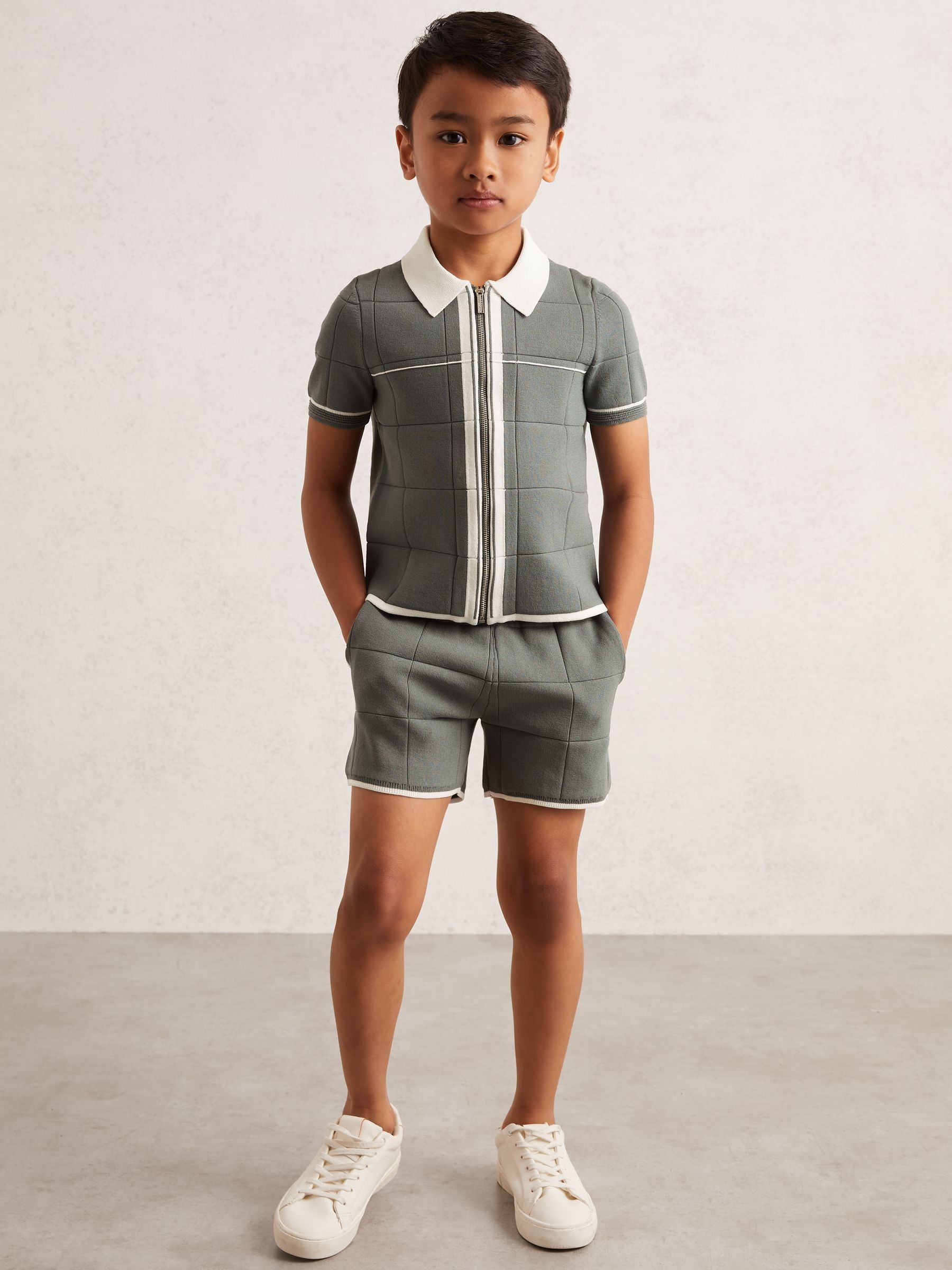 9-13 yrs Tipped Knit Zip-Through Shirt in Dark Sage Green