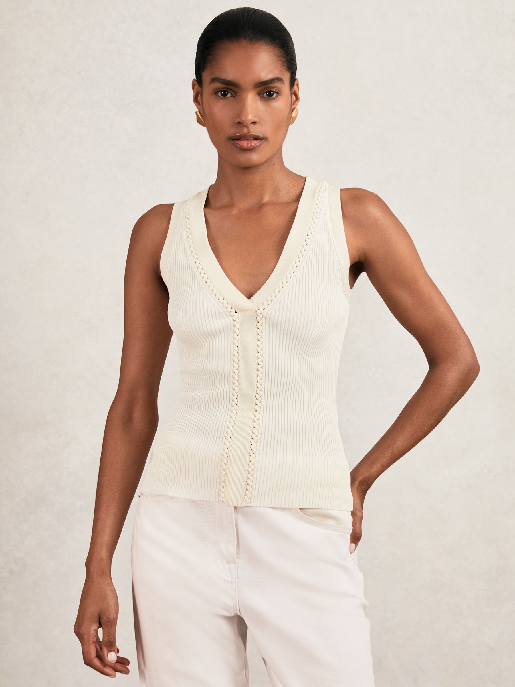 Craft-Stitch Rib-Knit Vest in Ivory/Ecru