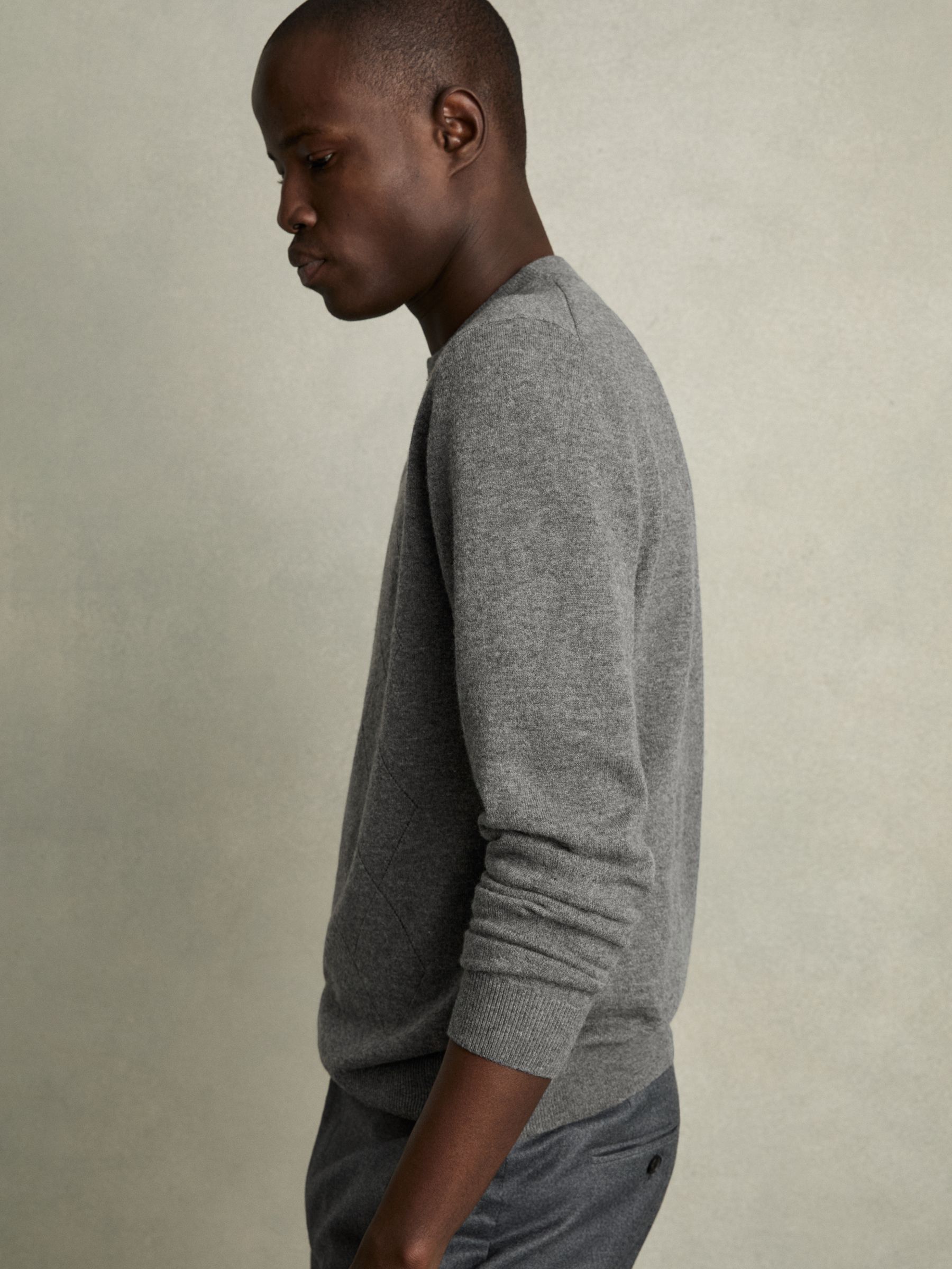 Wool Argyle Crew-Neck Jumper in Mid Grey Melange