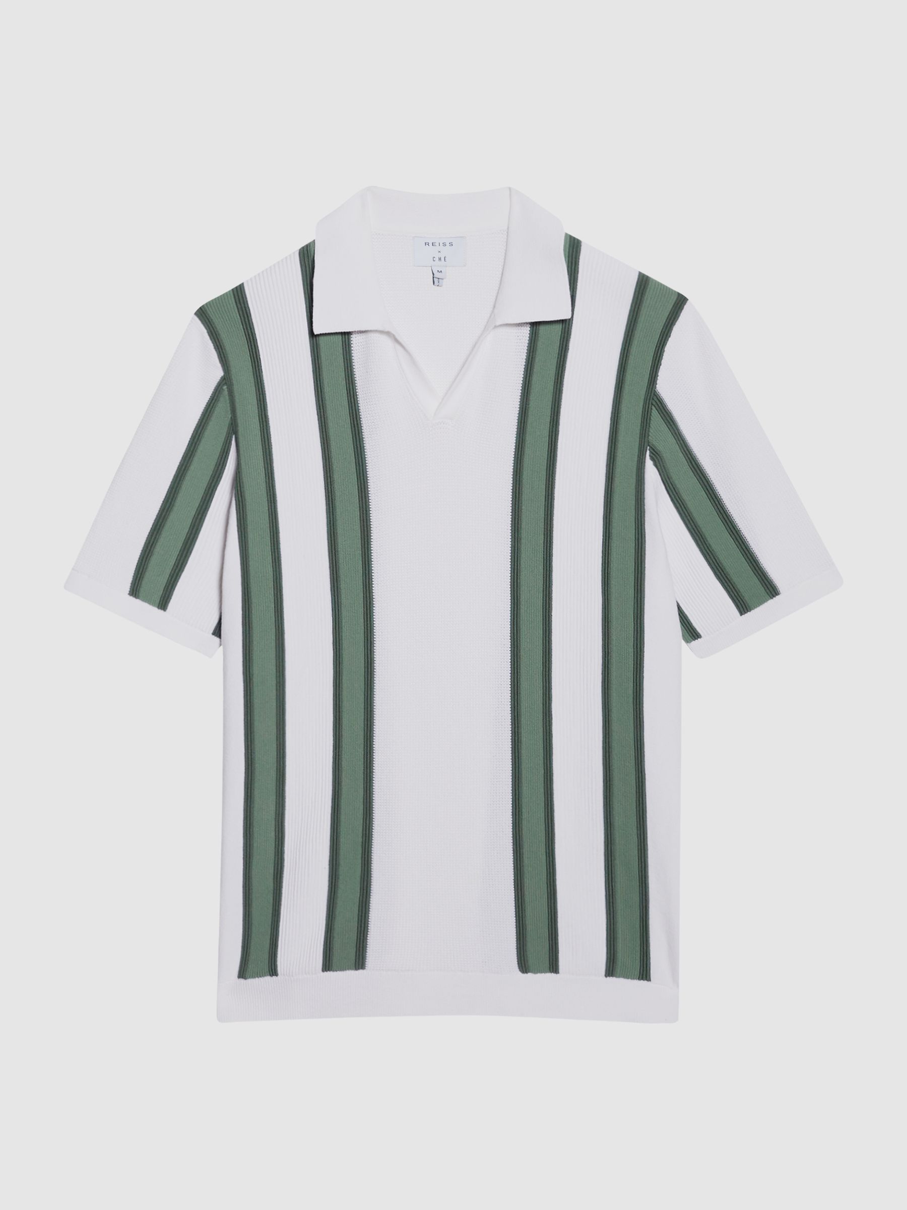 Open Collar Striped Polo T-Shirt in White/Sage