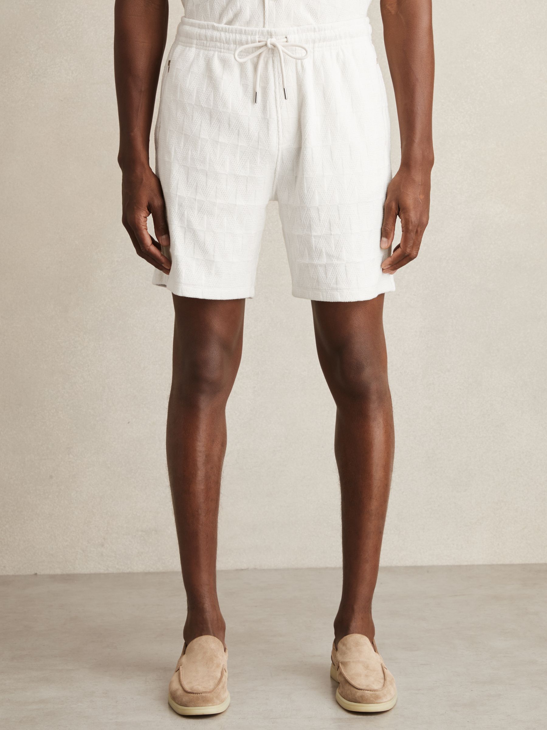 Cotton Textured Drawstring Shorts in Off White