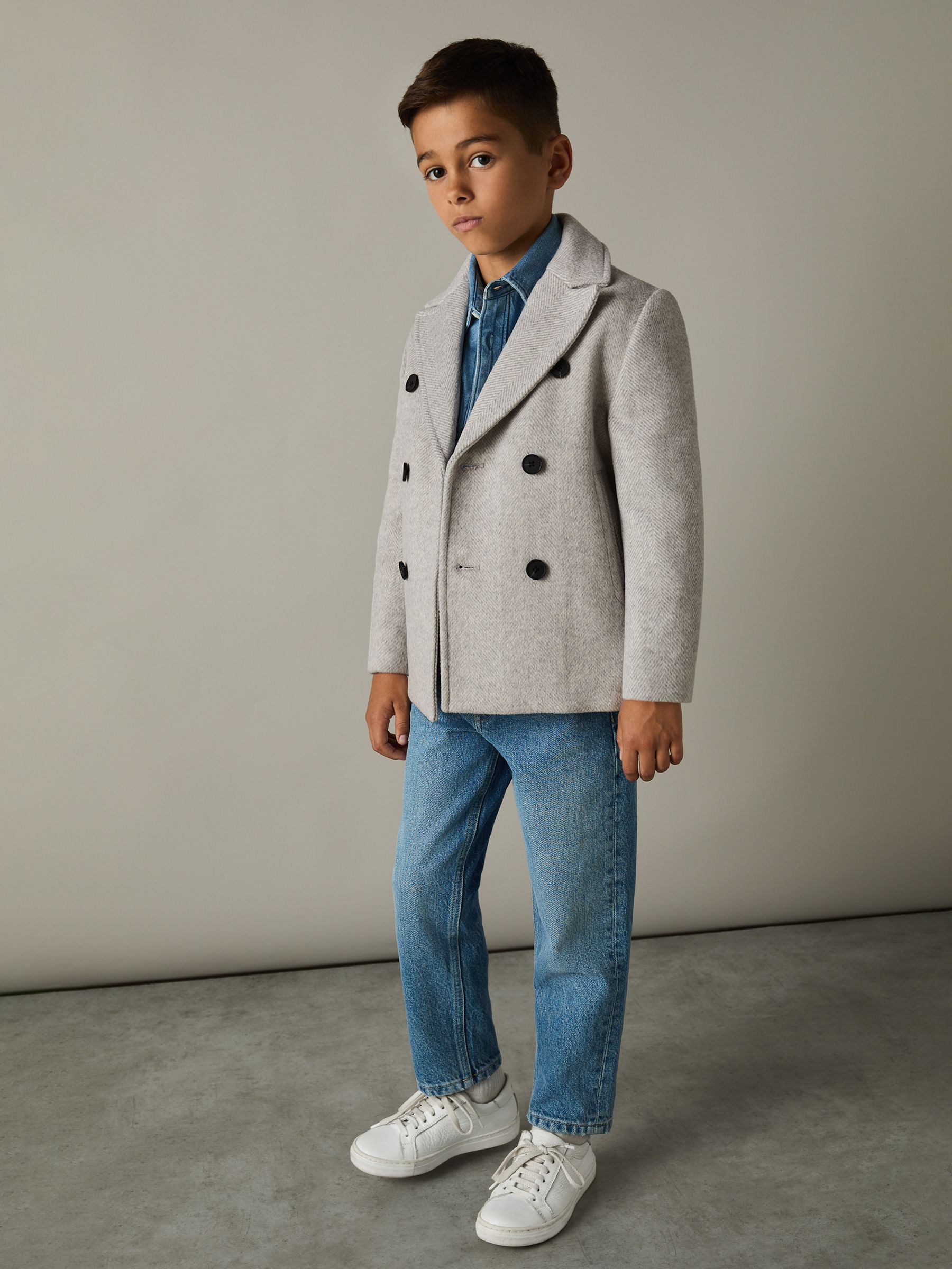 3-9 yrs Wool Blend Twill Double Breasted Coat in Soft Grey Melange