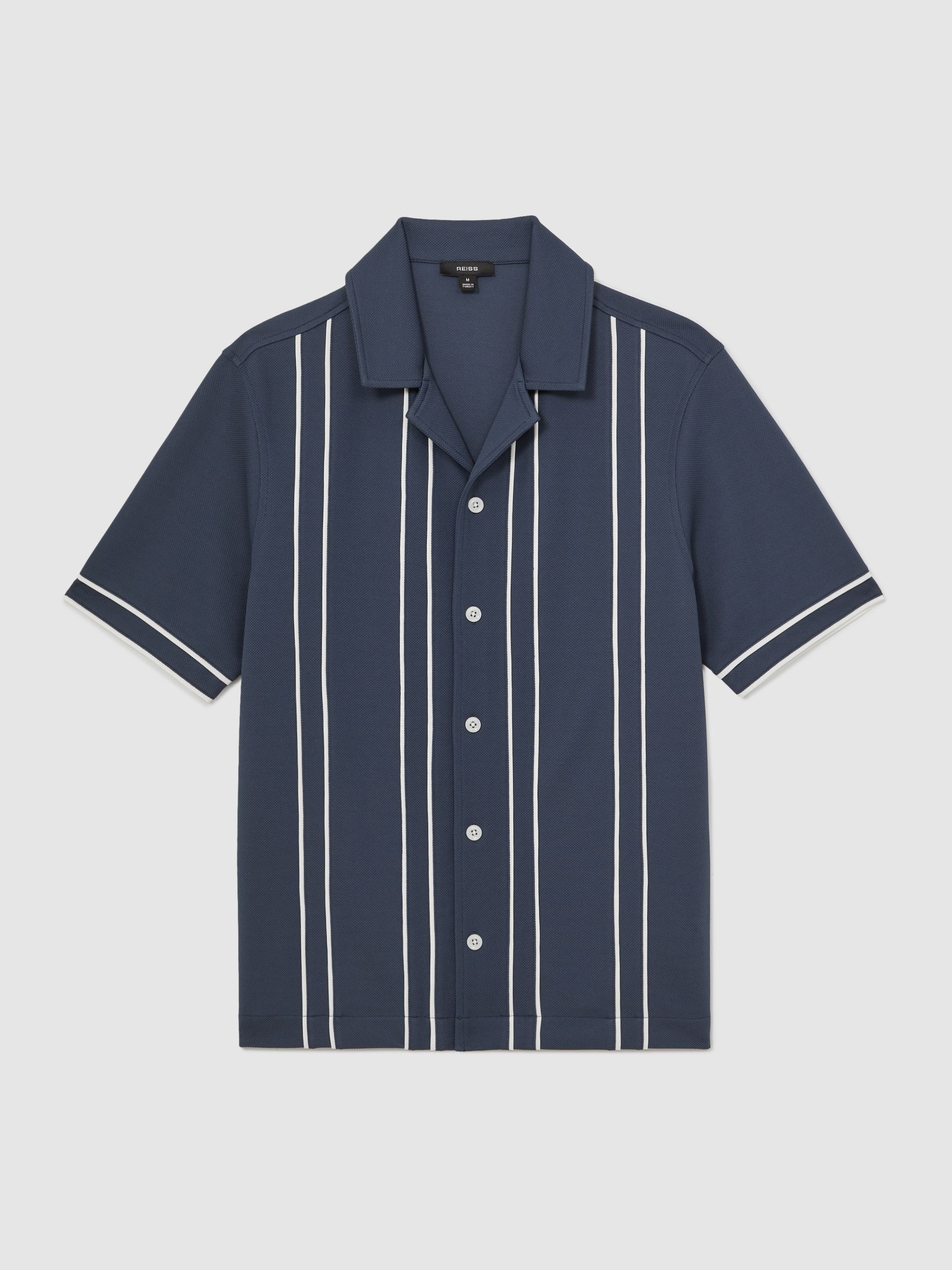 Piped-Stripe Cuban-Collar Shirt in Airforce Blue