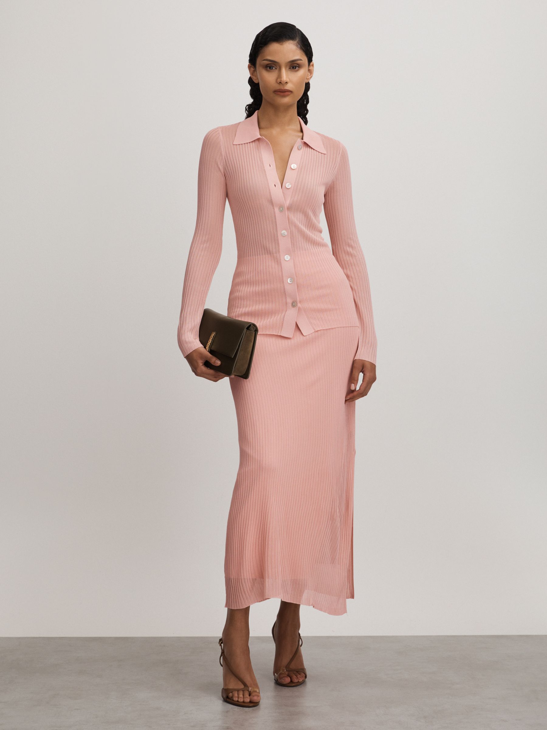 Carrie Pink Anna Quan Sheer Ribbed Knitted Midi Skirt