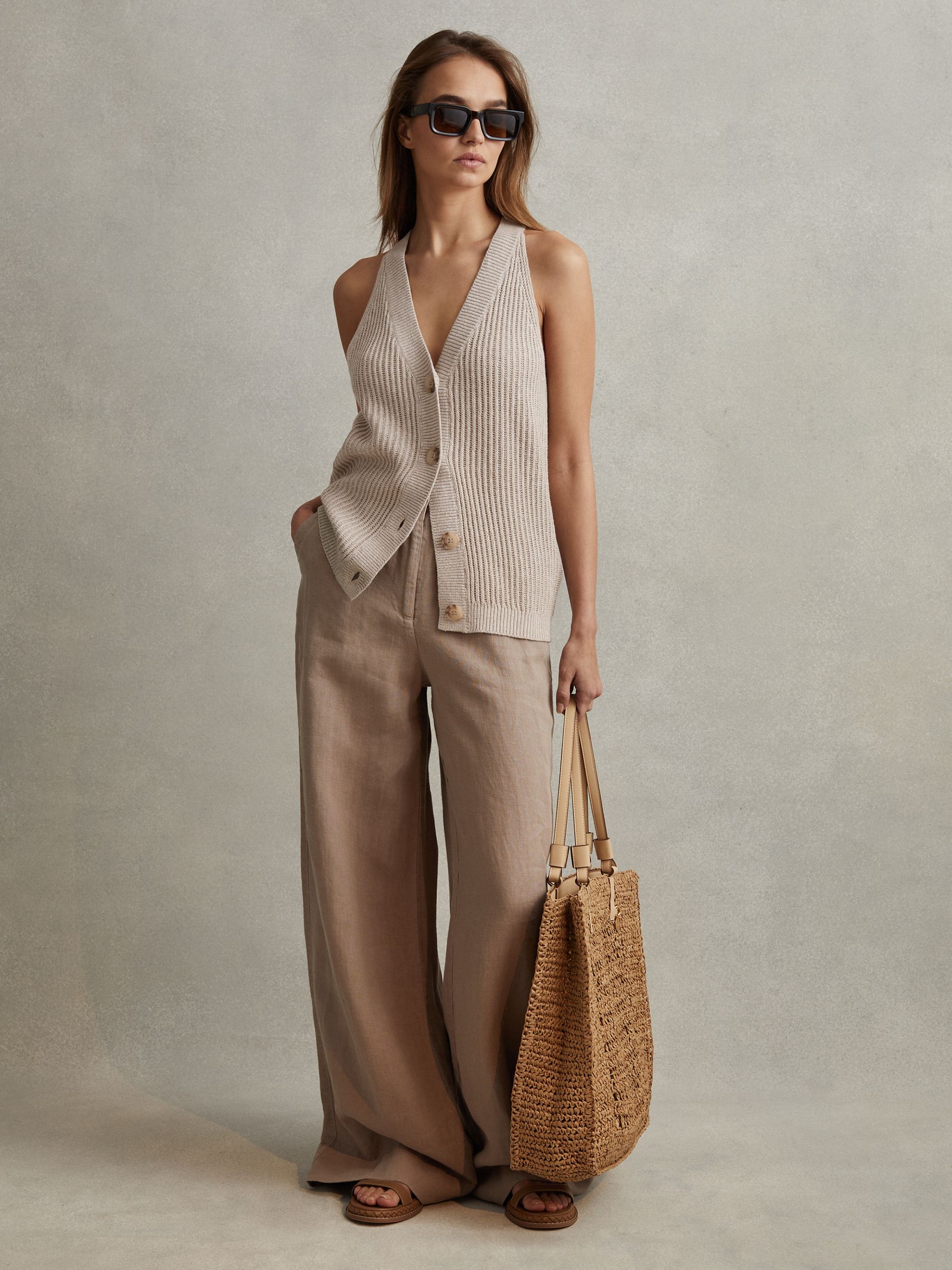 Knitted Halter Neck Top With Linen in Neutral