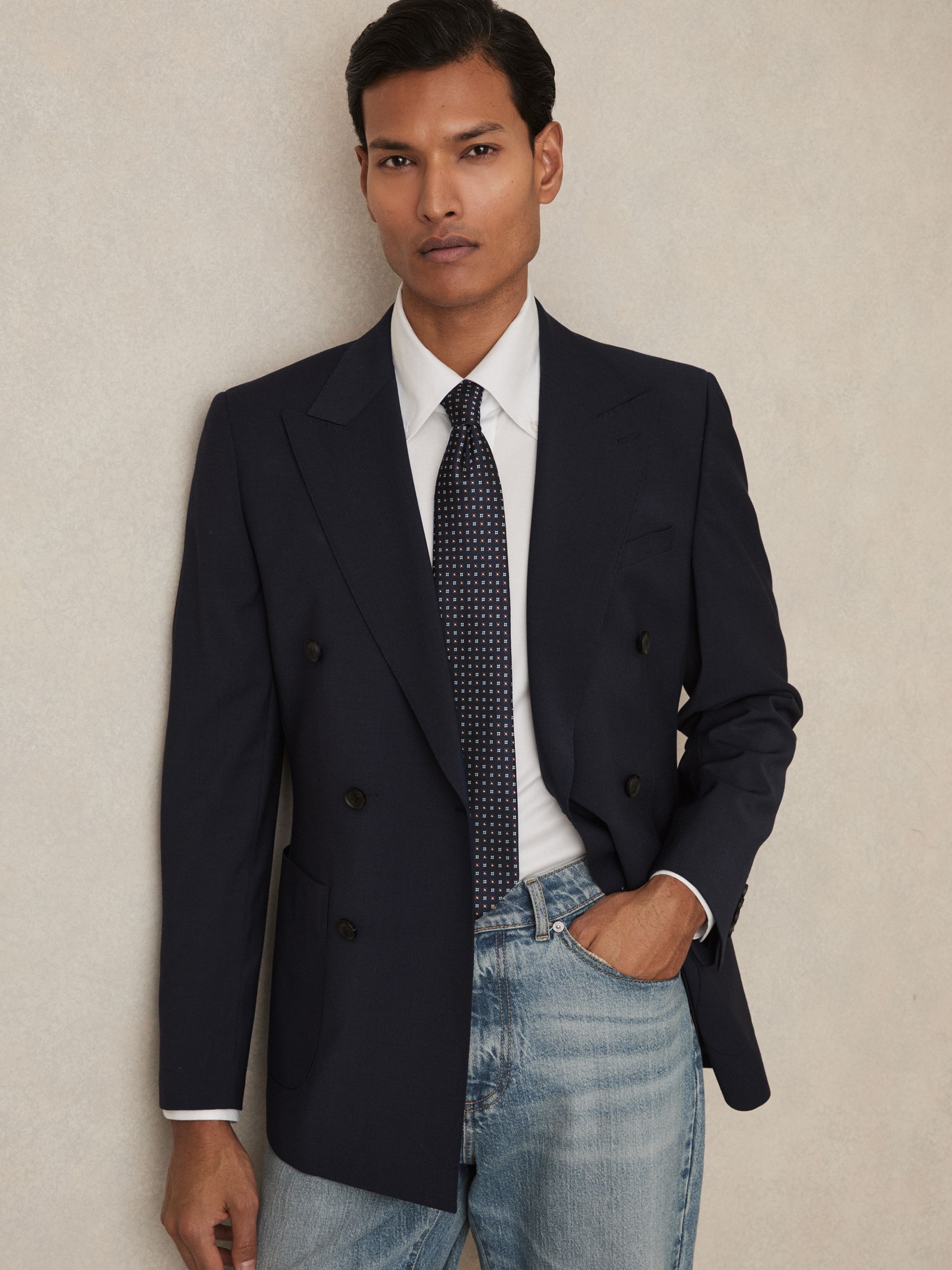 Foulard Silk Blend Floral Print Tie in Navy/Tobacco