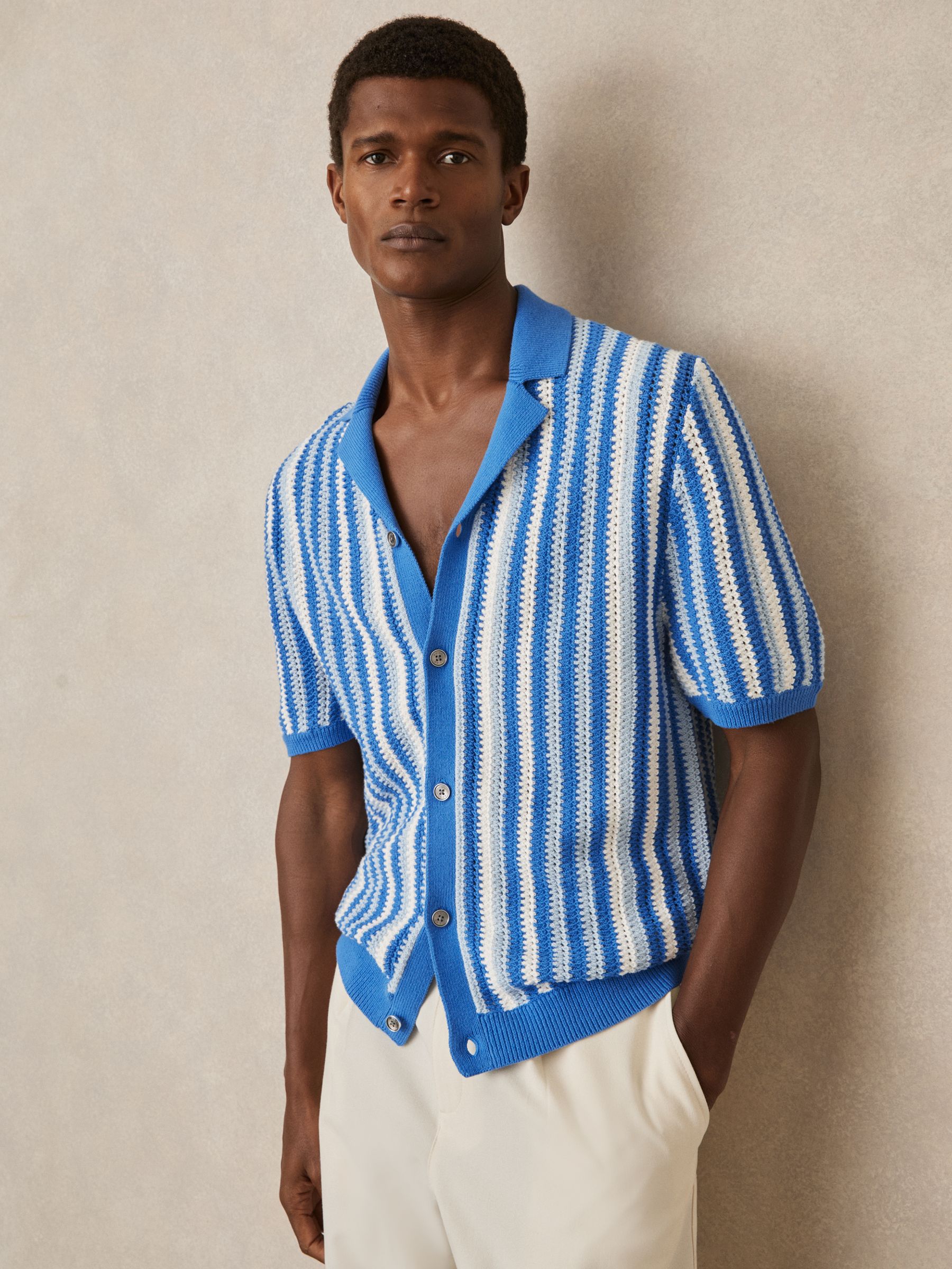 Cotton Crochet Stripe Cuban Shirt in Blue Multi